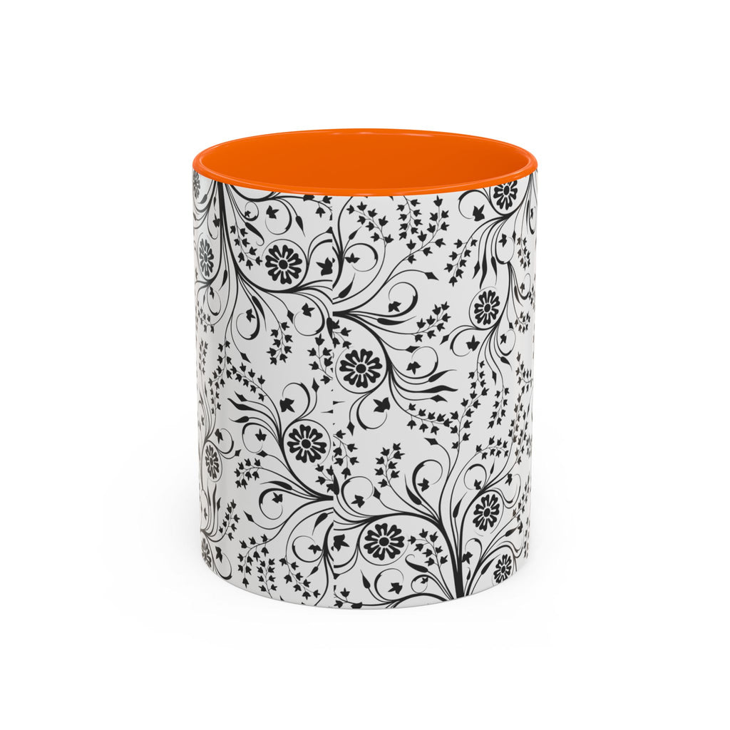 Black Floral Accent Coffee Mug — Elegant Swirl Pattern (11/15oz)