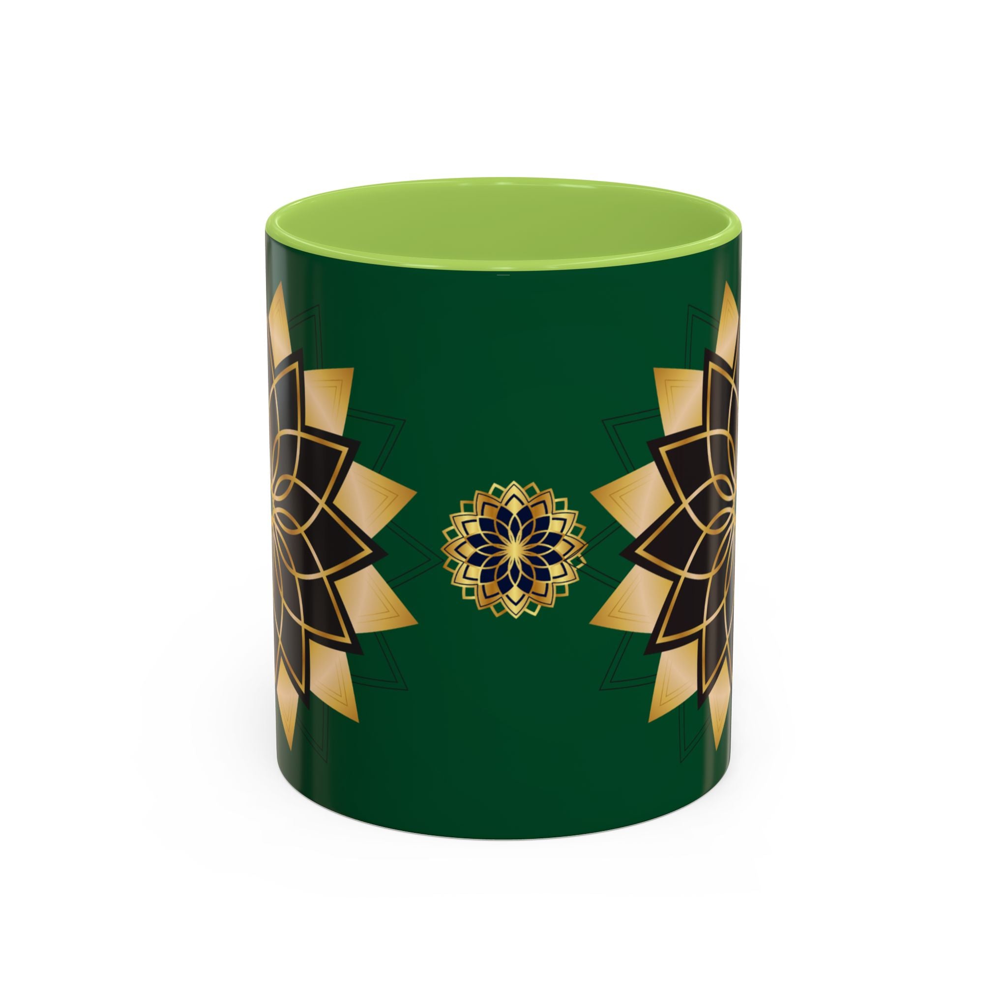 Gold Mandala Accent Coffee Mug — Elegant Green & Black Ceramic 11/15oz