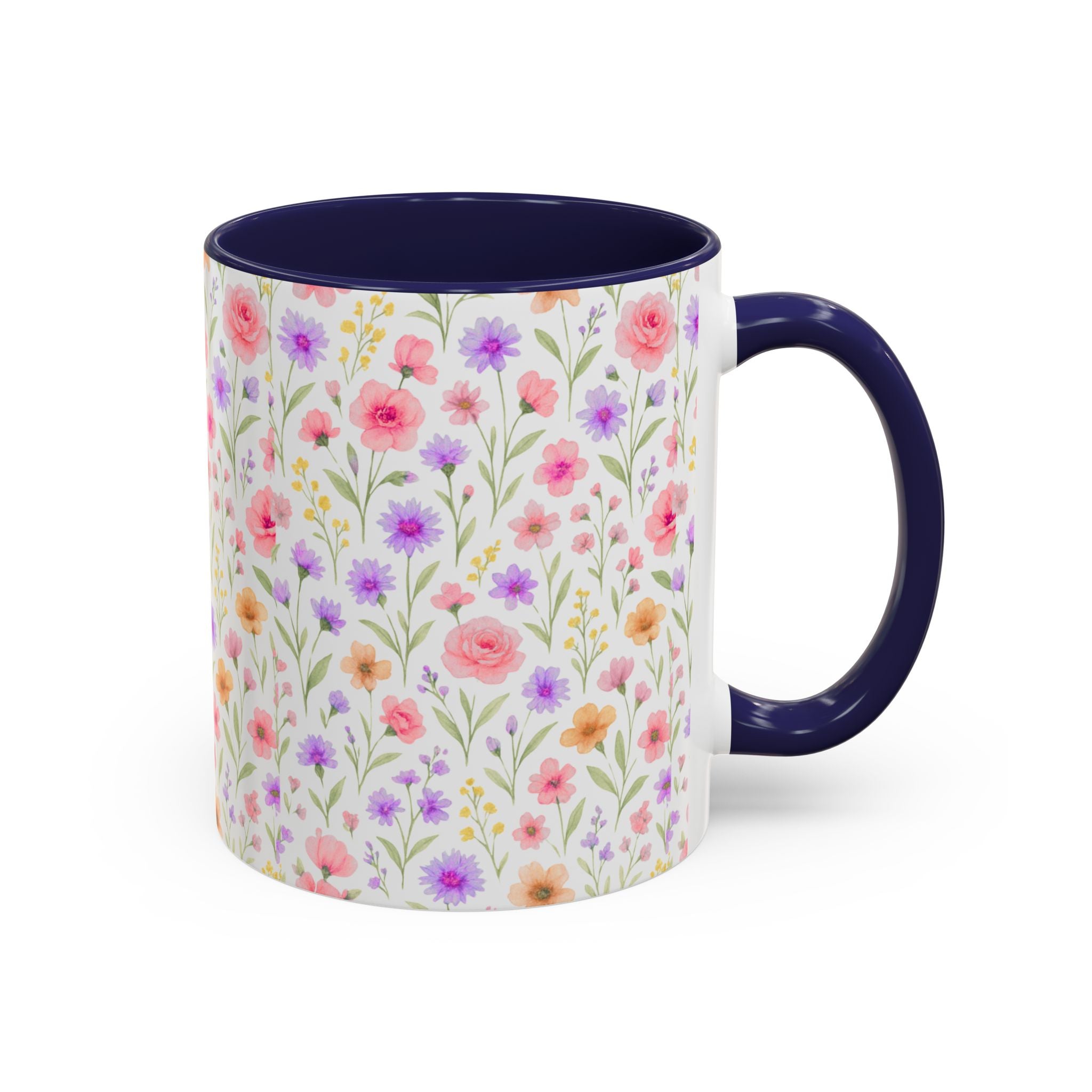 Floral Watercolor Accent Coffee Mug — Pastel Wildflower Pattern (11/15 oz)