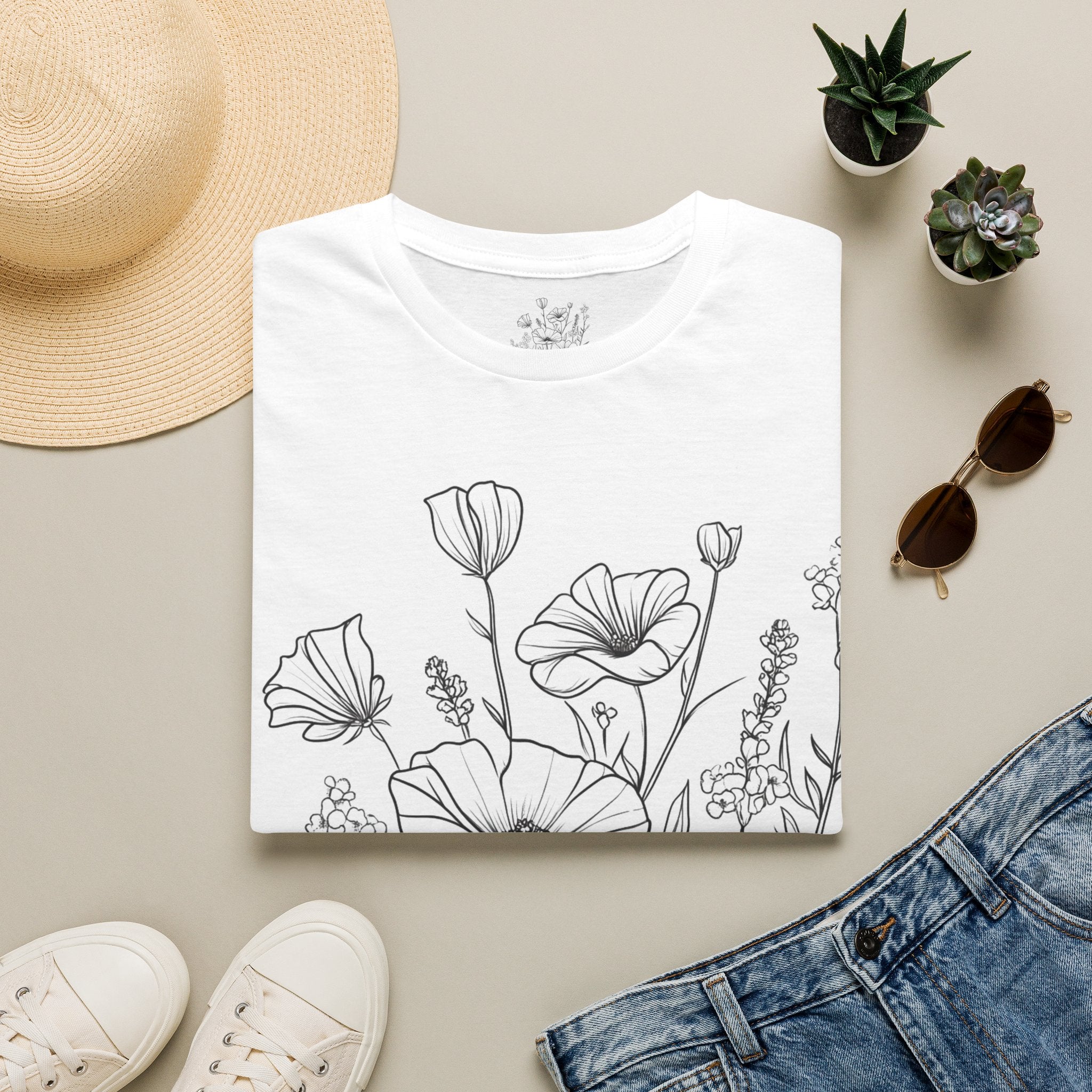 Floral Outline Tee — Black Line Poppy & Wildflower Graphic T-Shirt