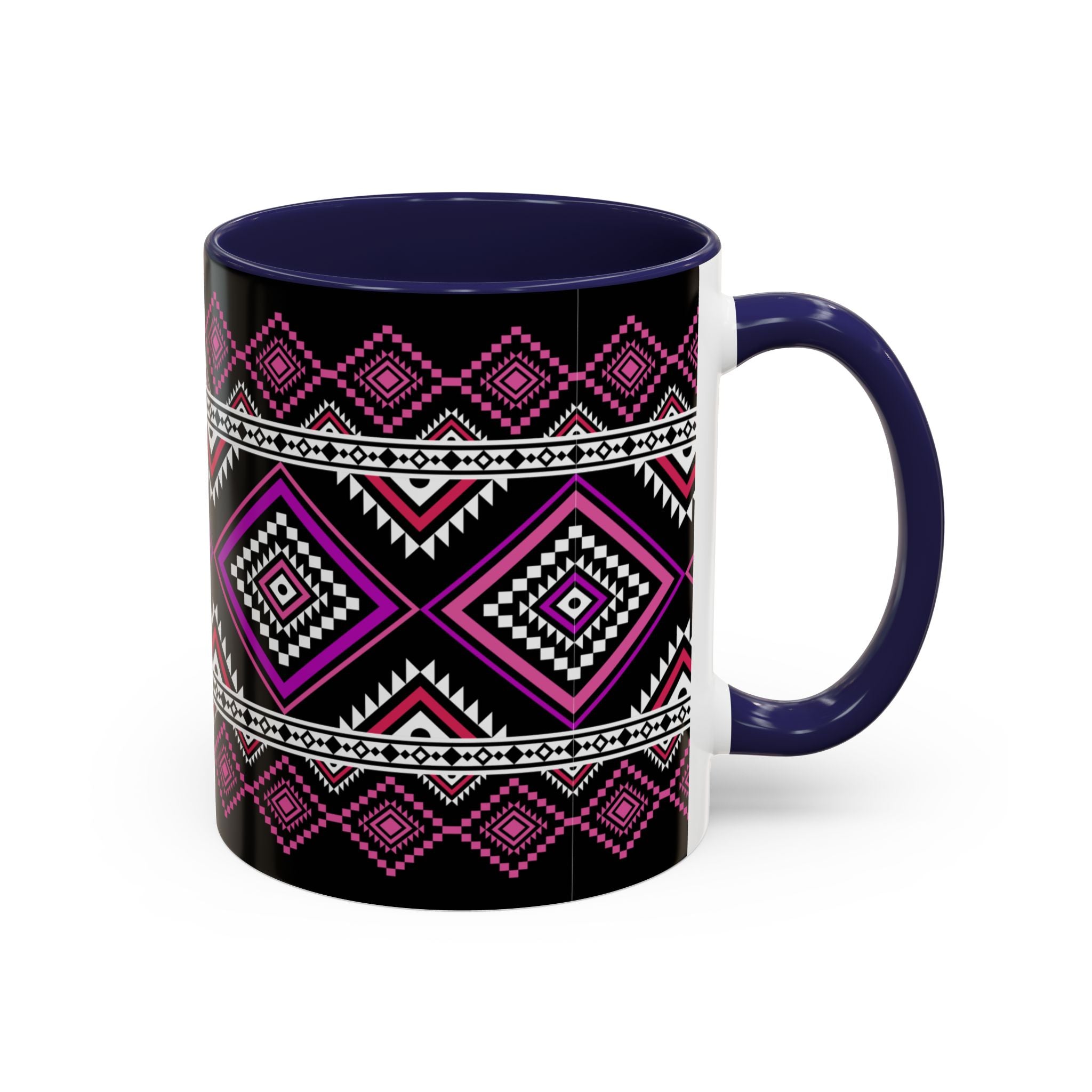 Geometric Aztec Accent Coffee Mug — Pink & Black Tribal Pattern (11/15oz)