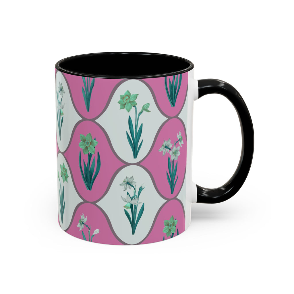 Floral Wave Accent Coffee Mug – Pink Retro Daffodil Pattern (11/15oz)