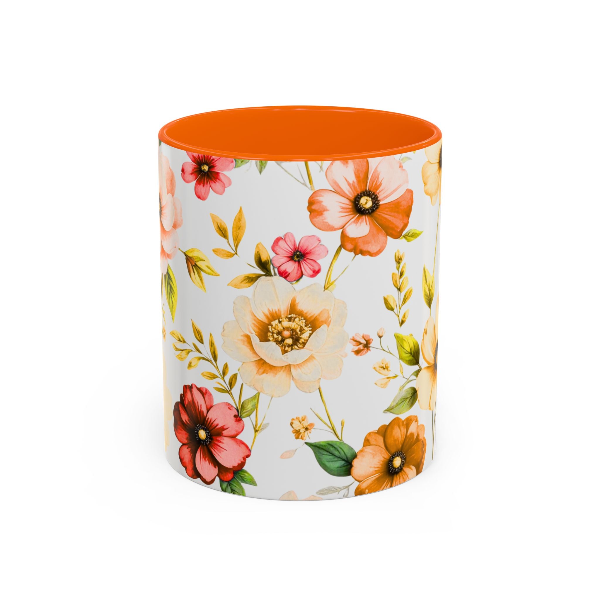 Floral Accent Coffee Mug — Vintage Watercolor Orange & Peach Flower Design