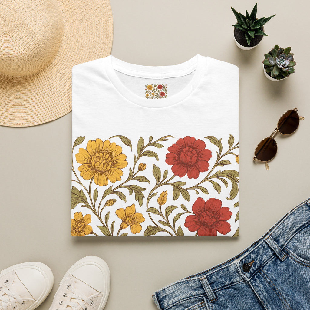 Floral Vintage Garden T-Shirt — Red & Mustard Blooms