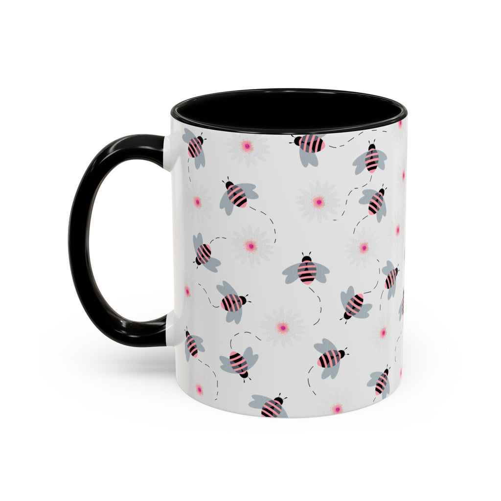 Bee Pattern Accent Coffee Mug — Cute Floral Honeybee Design, 11/15 oz