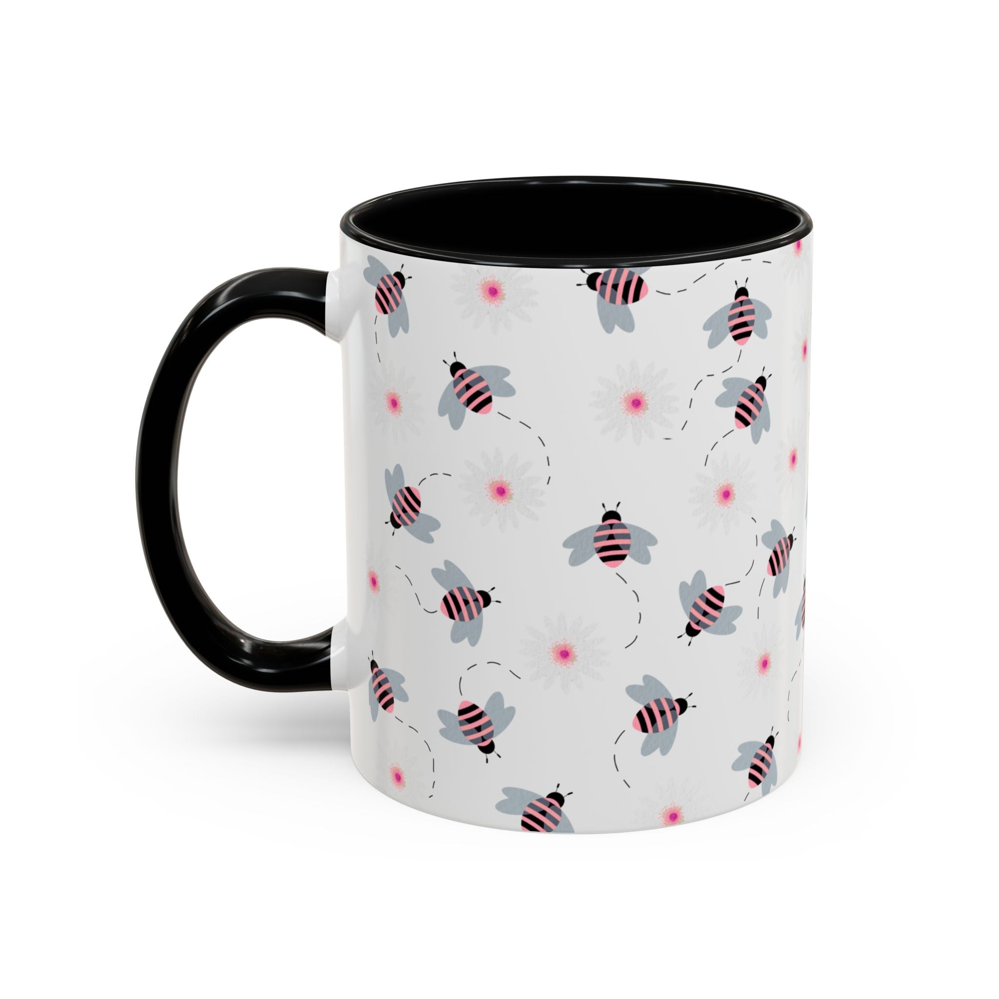 Bee Pattern Accent Coffee Mug — Cute Floral Honeybee Design, 11/15 oz