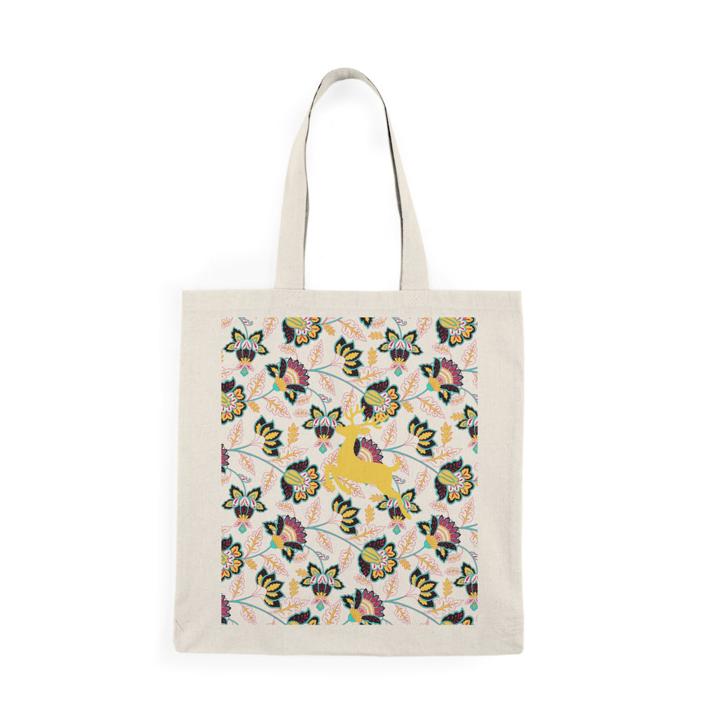 Floral Fox Natural Tote Bag - Cute Yellow Fox on Vintage Flower Pattern