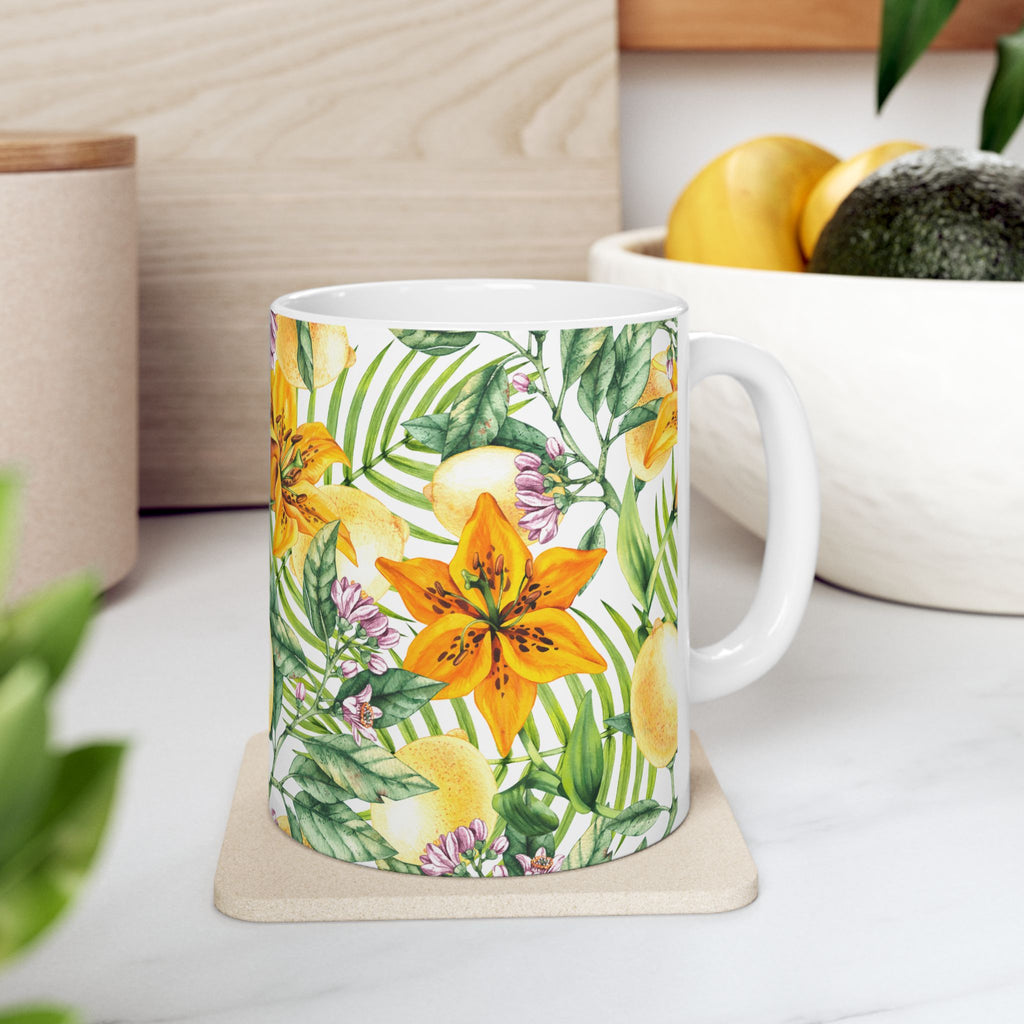 Citrus Lily Ceramic Mug — Tropical Floral Coffee Cup (11oz & 15oz)
