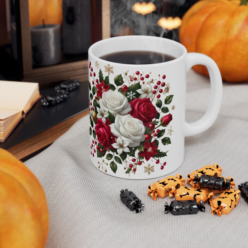 Holiday Floral Mug — Red & White Rose Christmas Coffee Cup (11oz, 15oz)