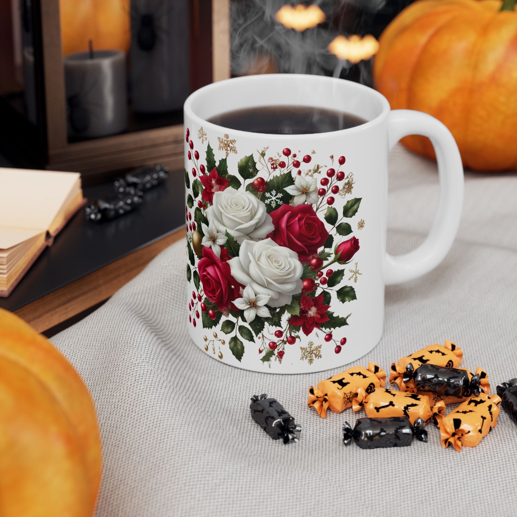 Holiday Floral Mug — Red & White Rose Christmas Coffee Cup (11oz, 15oz)