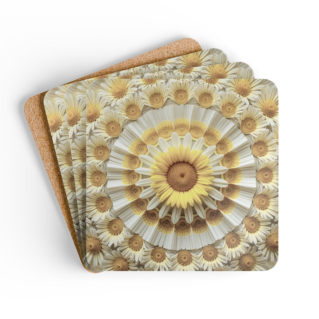 Sunflower Mandala Cork Coasters — Set of 4 Decorative Drink Coasters