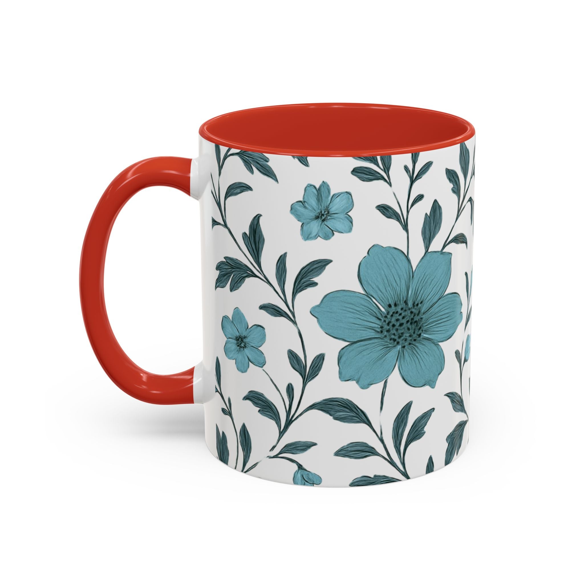 Teal Floral Accent Coffee Mug (11/15oz) – Ceramic Tea & Coffee Cup