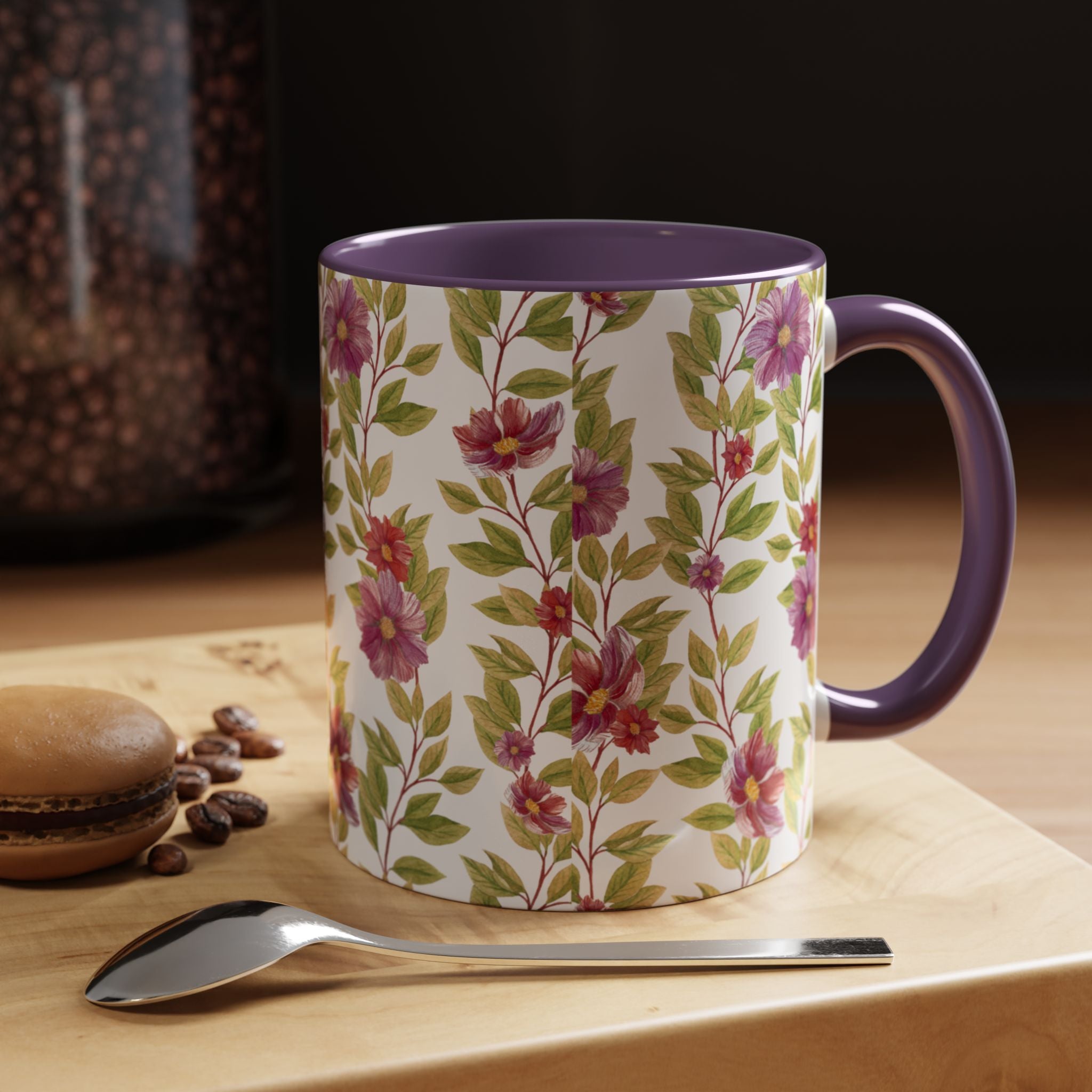 Floral Vine Accent Coffee Mug — Purple Watercolor Blossoms (11/15oz)