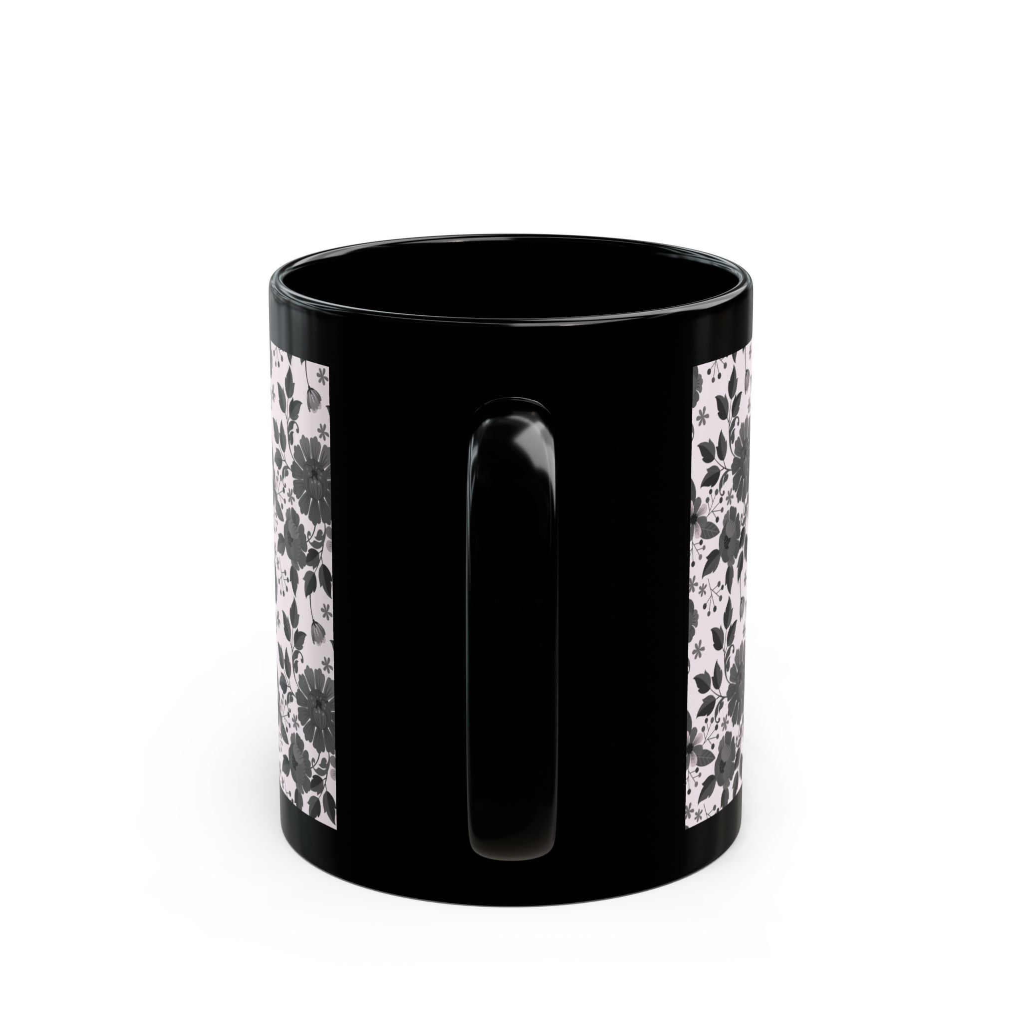 Black Floral Pattern Mug — Monochrome Vintage Flower Coffee Cup (11oz/15oz)