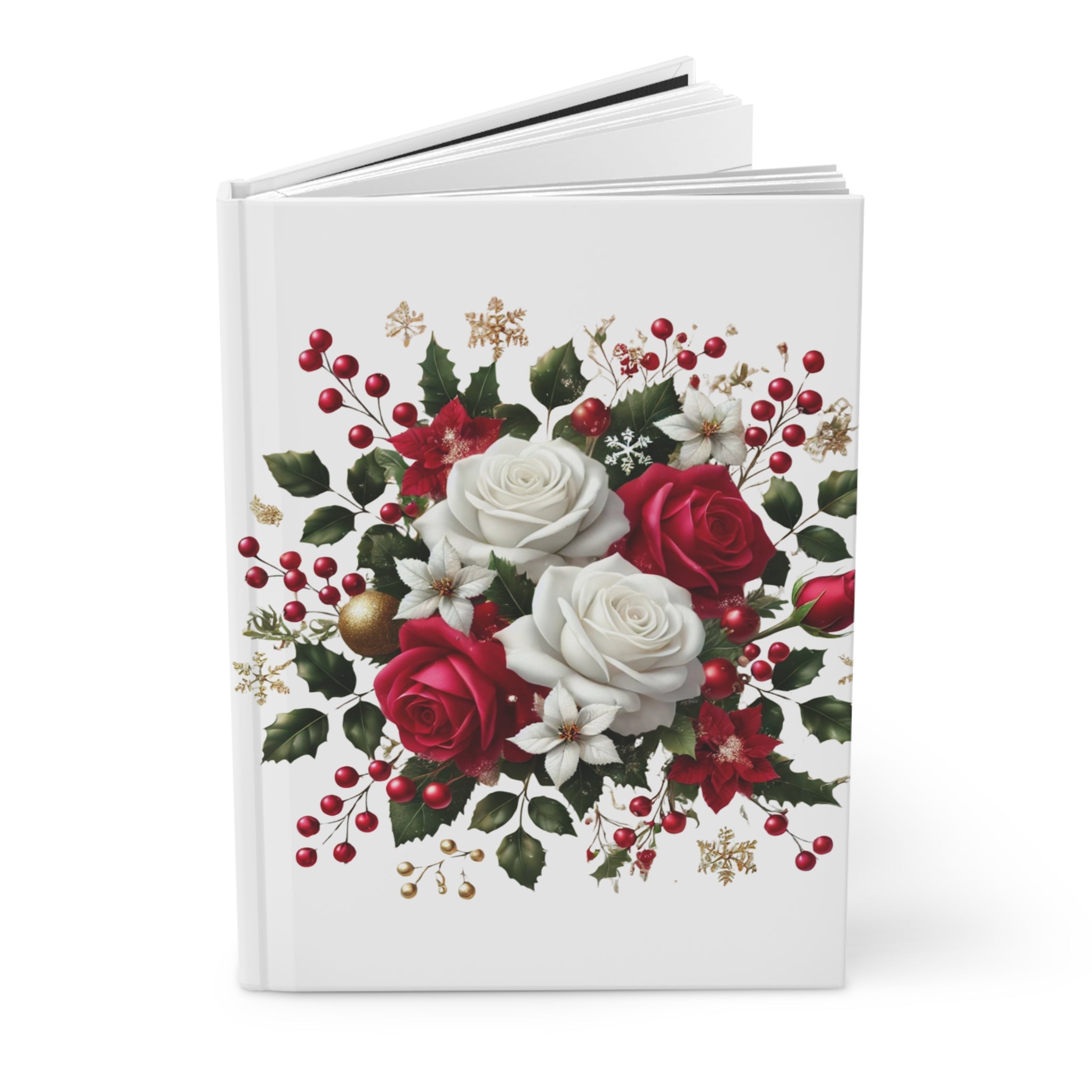 Christmas Rose Bouquet Hardcover Journal — Festive Red & White Floral Notebook