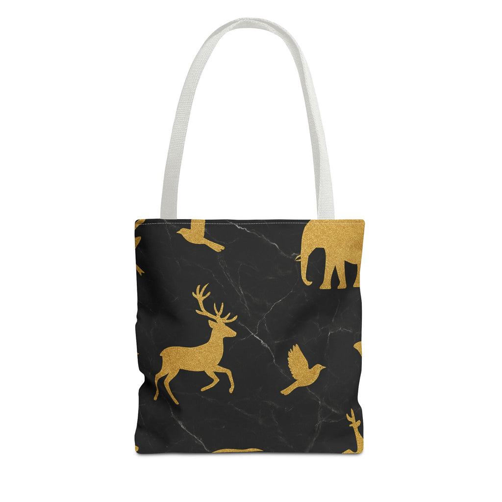 Gold Wildlife Pattern Tote Bag — Black Marble Deer & Elephant All-Over Print