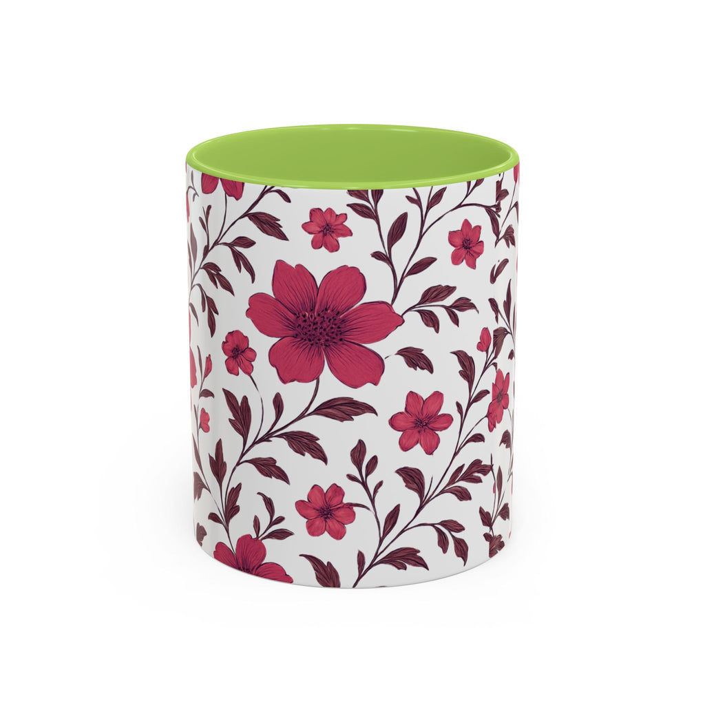 Floral Burgundy Accent Coffee Mug — Pink Blossom Pattern, 11/15oz
