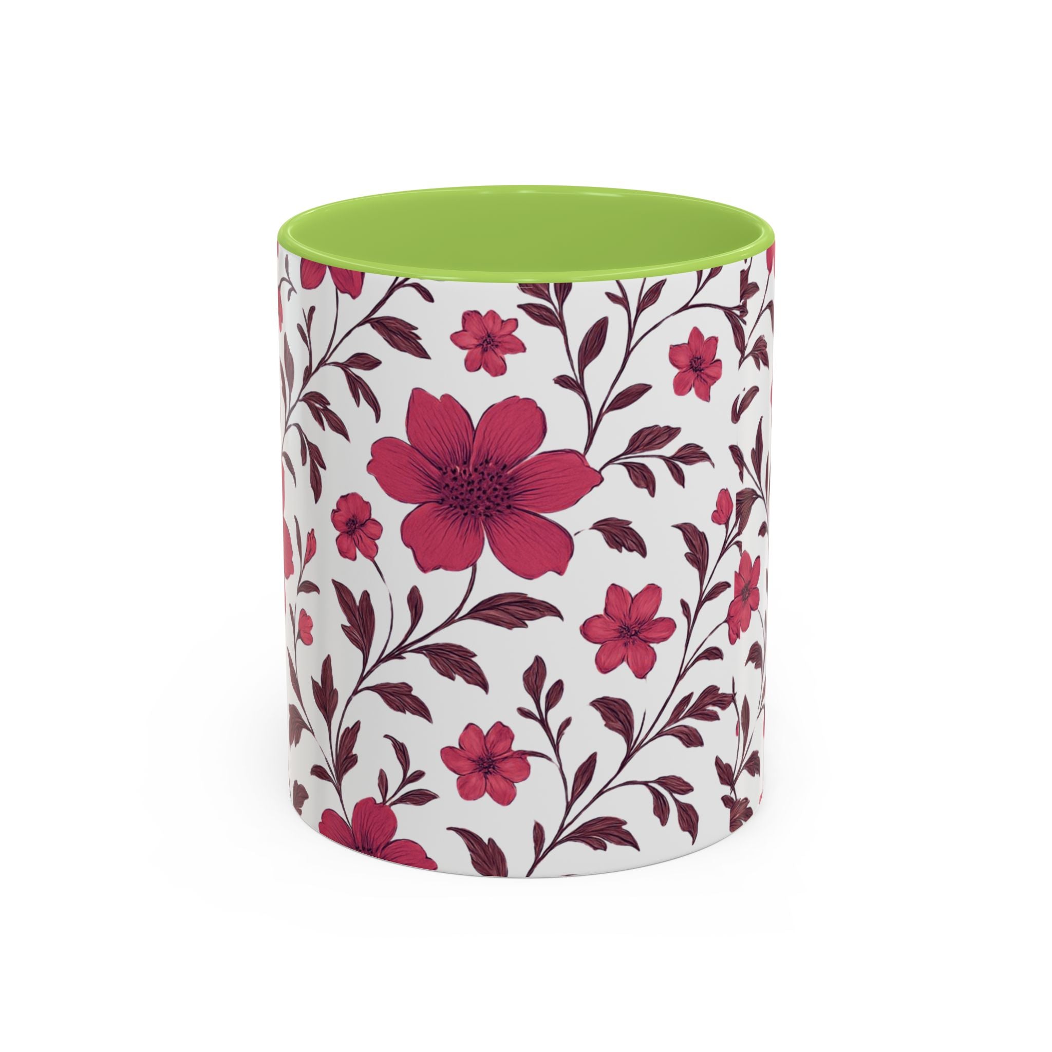 Floral Burgundy Accent Coffee Mug — Pink Blossom Pattern, 11/15oz