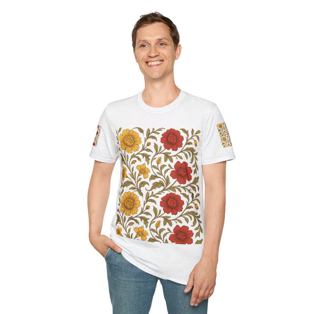 Floral Vintage Garden T-Shirt — Red & Mustard Blooms