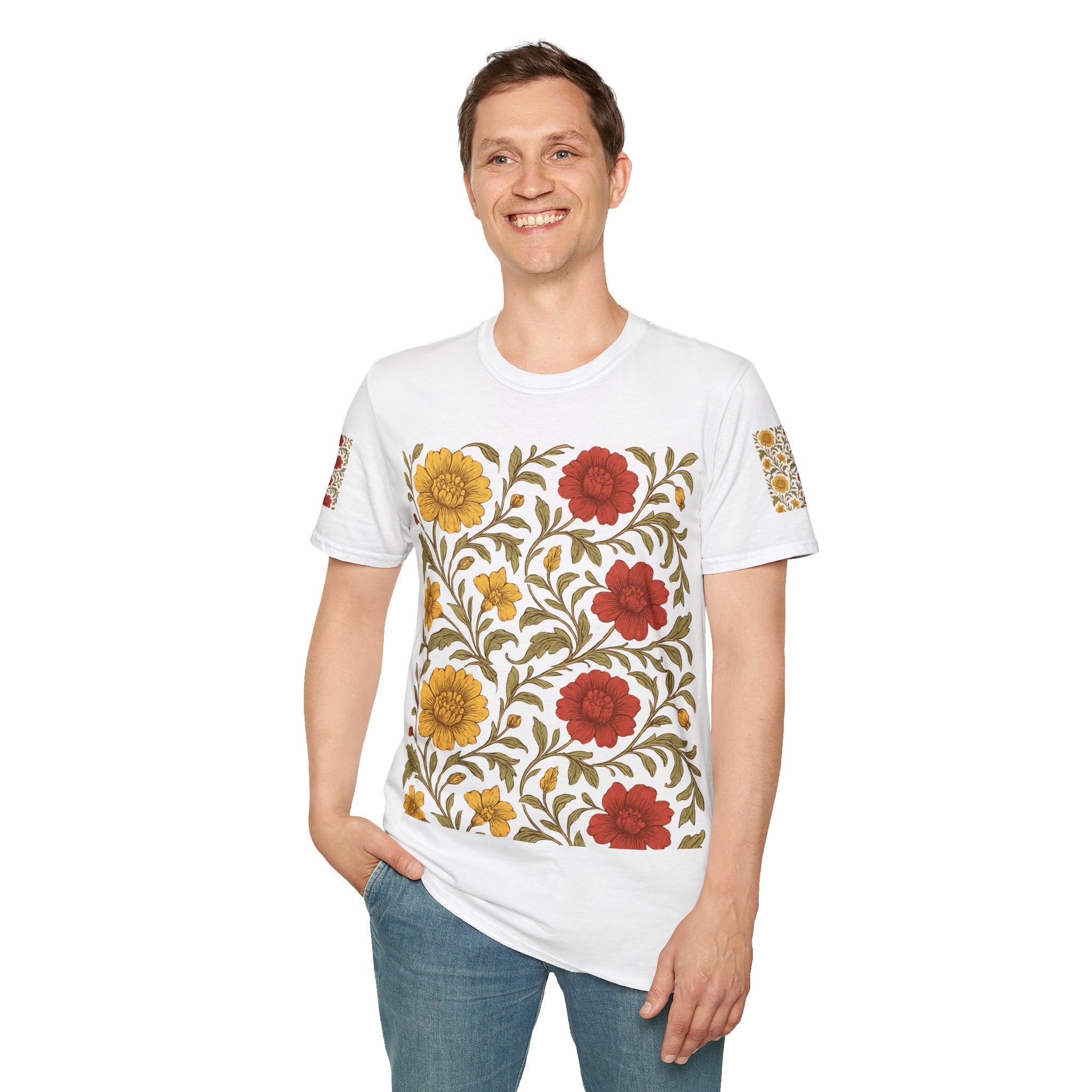 Floral Vintage Garden T-Shirt — Red & Mustard Blooms
