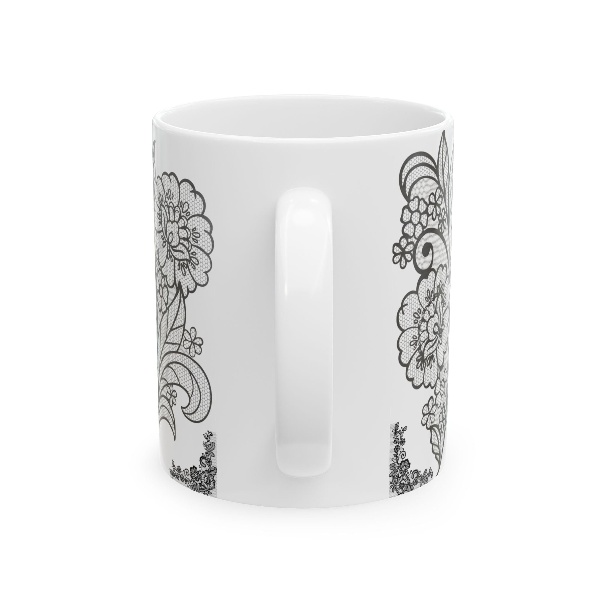 Floral Outline Ceramic Mug — Black & White Hand-Drawn Flower Pattern (11oz, 15oz)