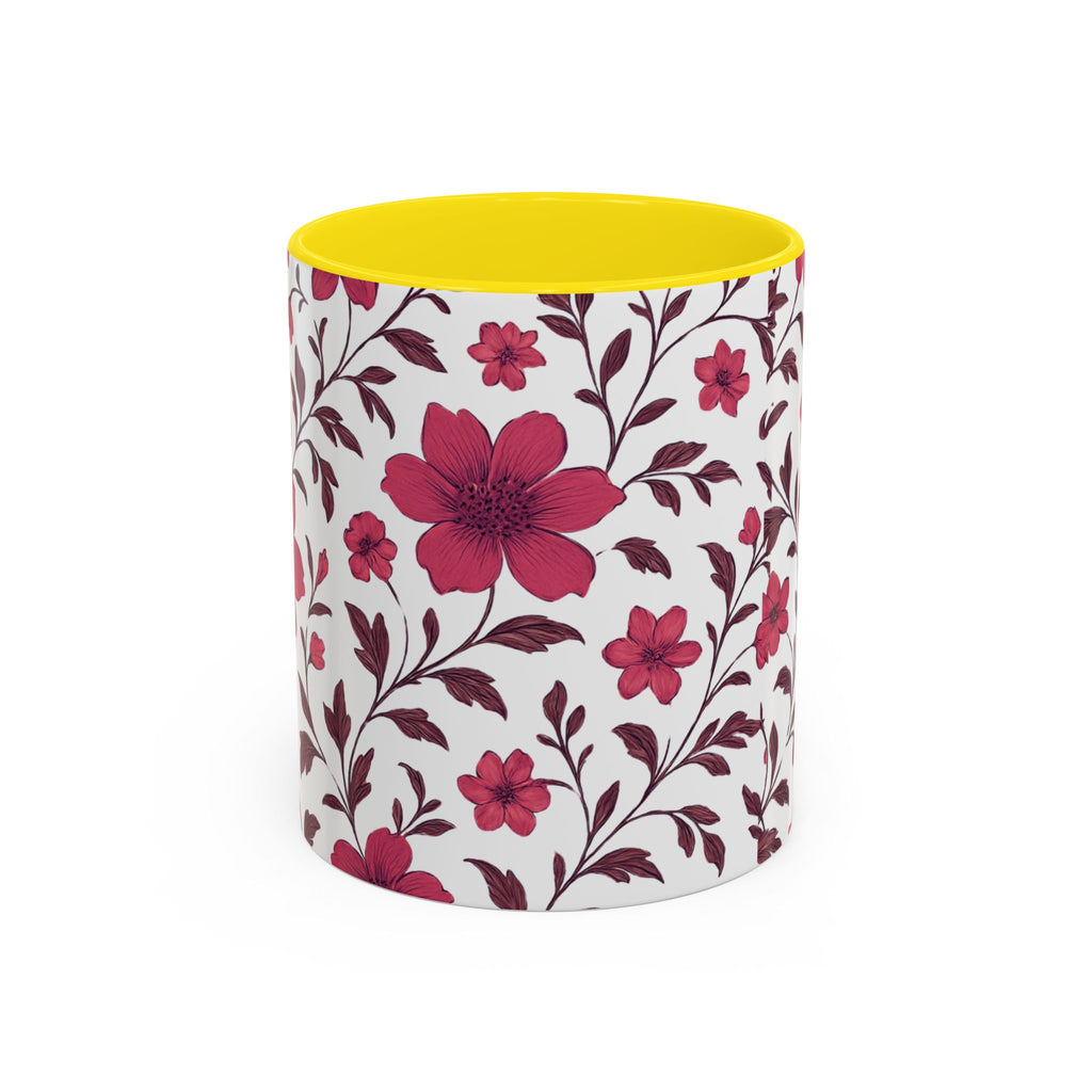 Floral Burgundy Accent Coffee Mug — Pink Blossom Pattern, 11/15oz