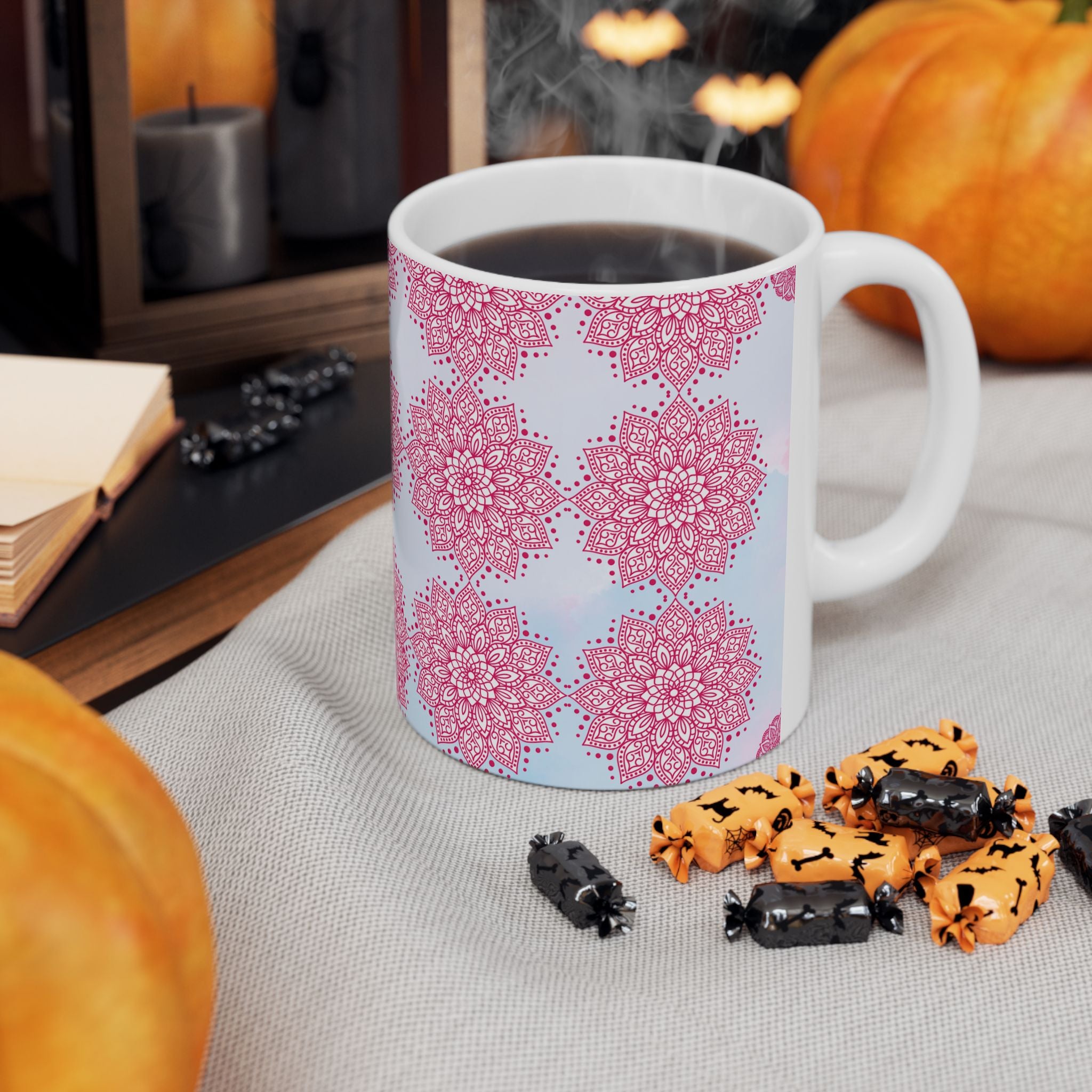 Pink Mandala Ceramic Mug — Floral Kaleidoscope Coffee Cup (11oz/15oz)