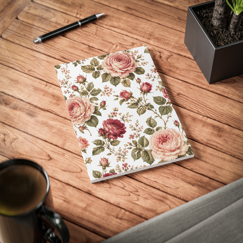 Floral Rose A5 Notebook — Vintage Pink Rose Softcover Journal