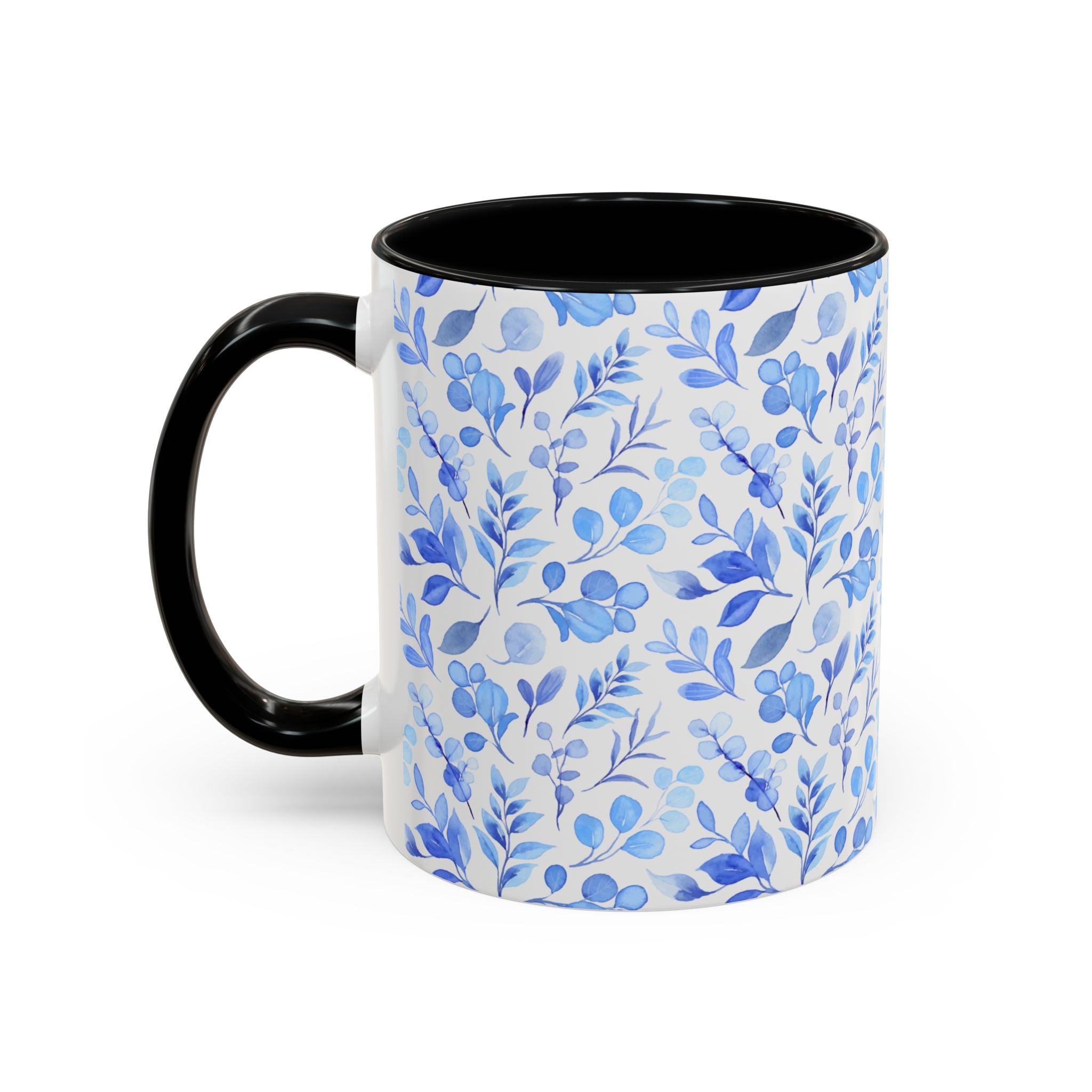 Blue Watercolor Floral Coffee Mug — Accent Handle & Interior