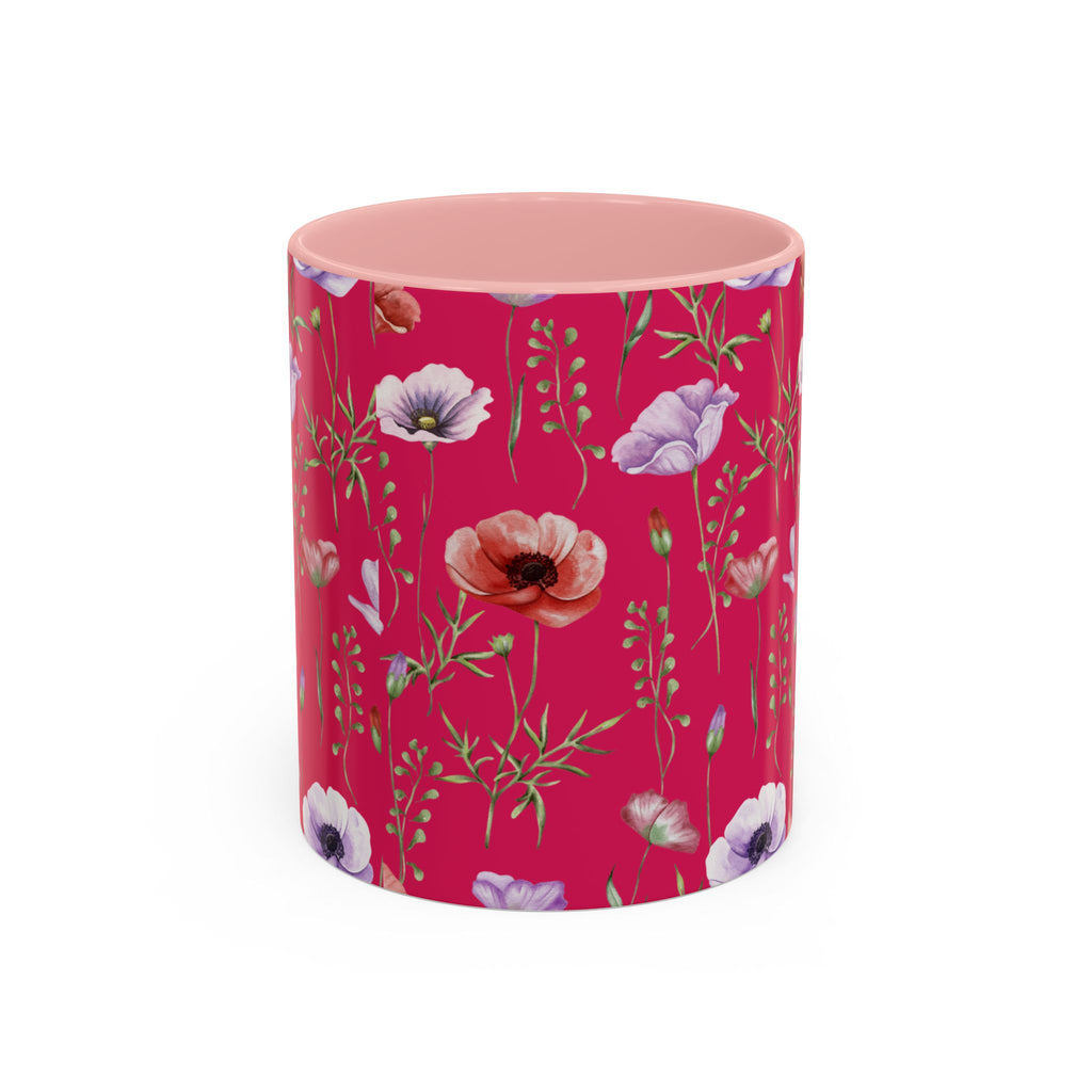 Floral Poppy Accent Coffee Mug — Red Botanical Pattern (11/15 oz)