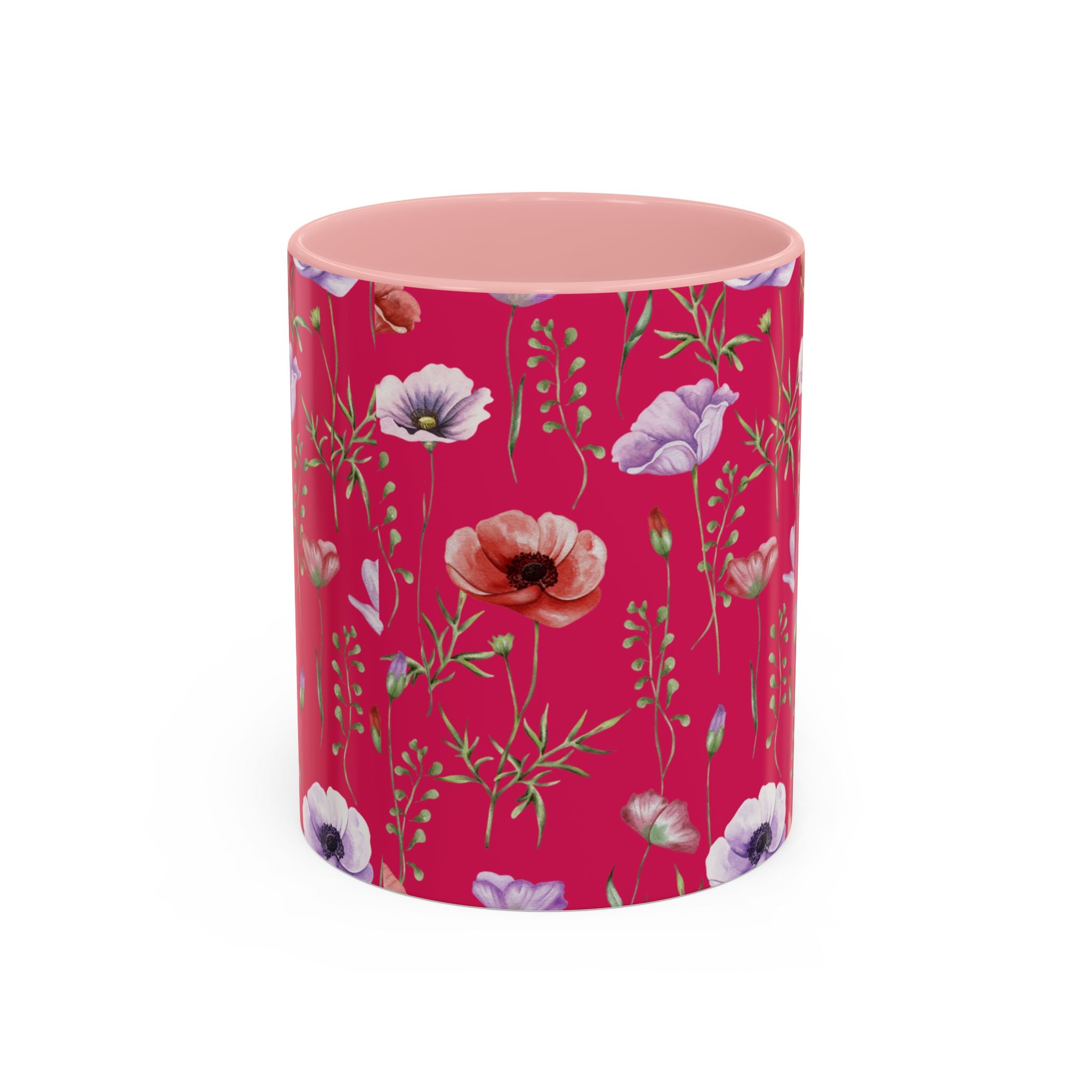 Floral Poppy Accent Coffee Mug — Red Botanical Pattern (11/15 oz)