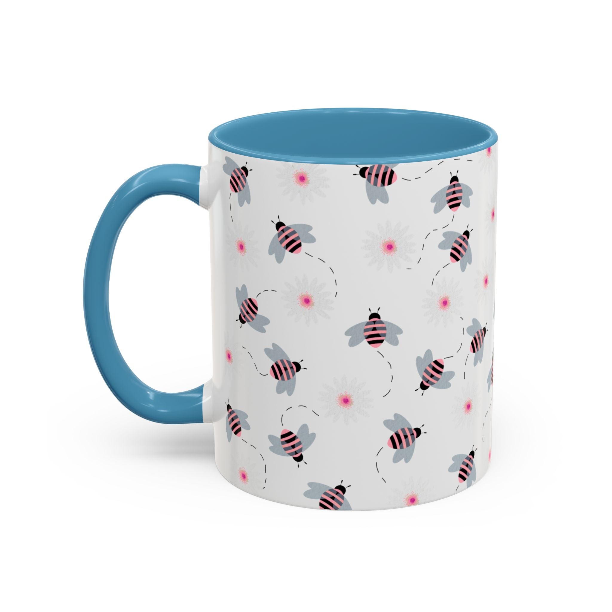Bee Pattern Accent Coffee Mug — Cute Floral Honeybee Design, 11/15 oz