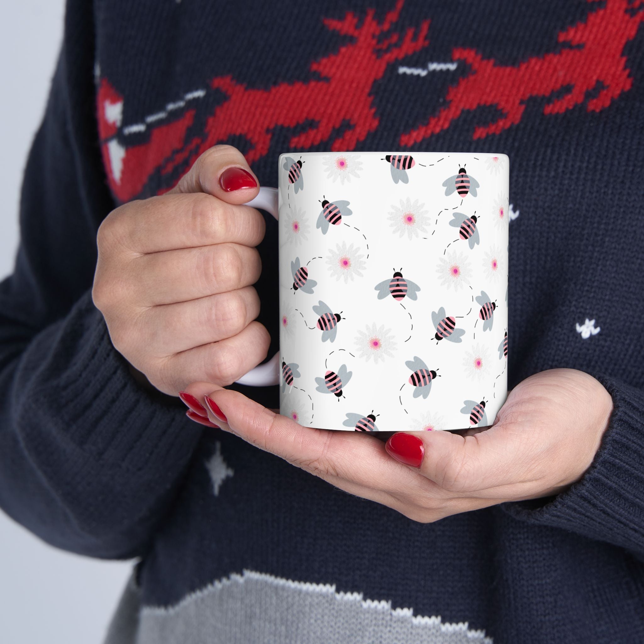 Bee Pattern Ceramic Mug — Cute Striped Bees & Pink Flower Dots, 11oz/15oz