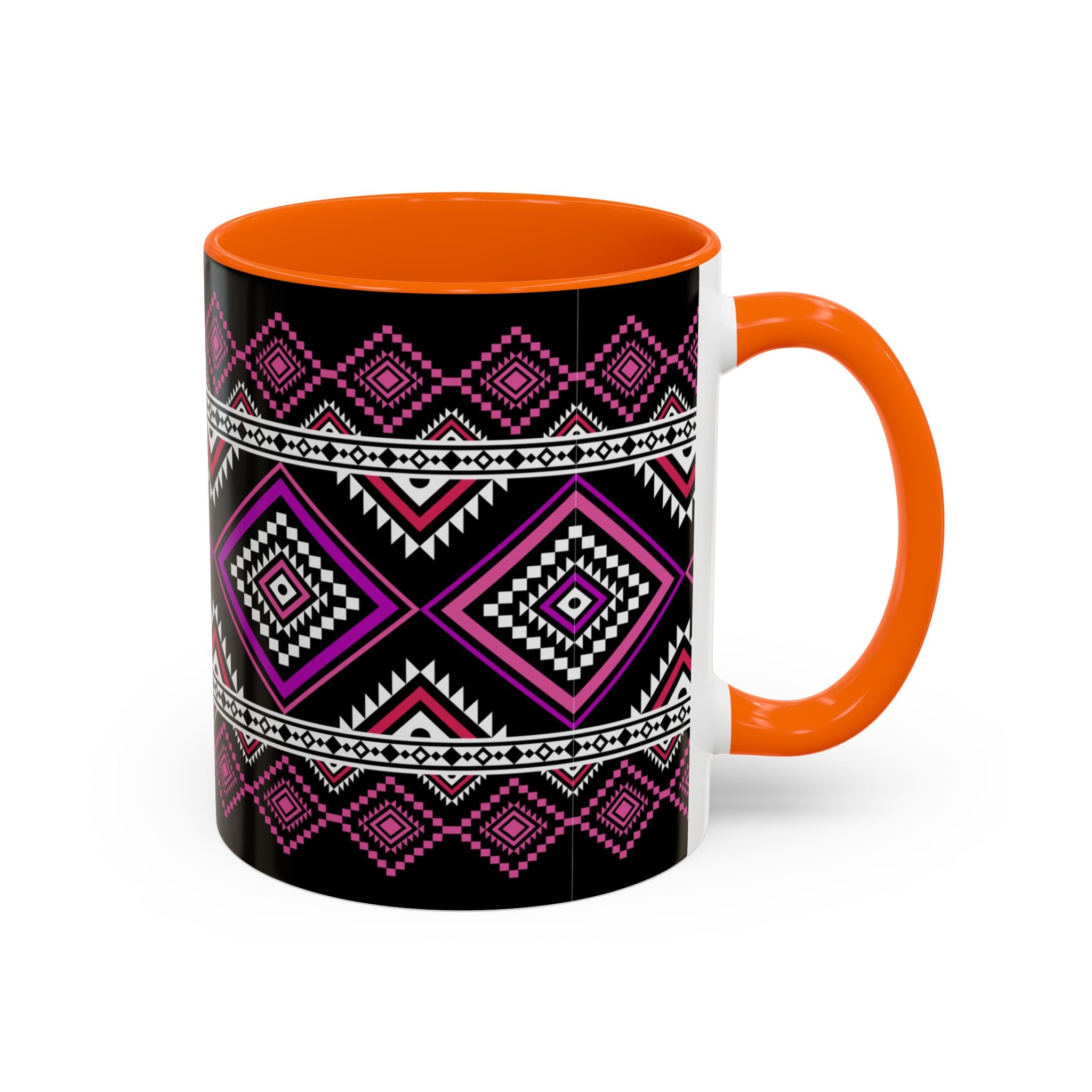 Geometric Aztec Accent Coffee Mug — Pink & Black Tribal Pattern (11/15oz)