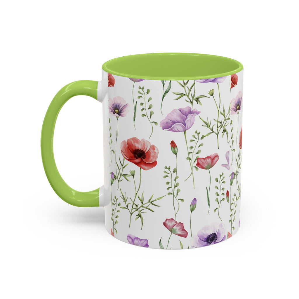 Floral Watercolor Accent Coffee Mug — Poppy & Wildflower Pattern (11/15oz)