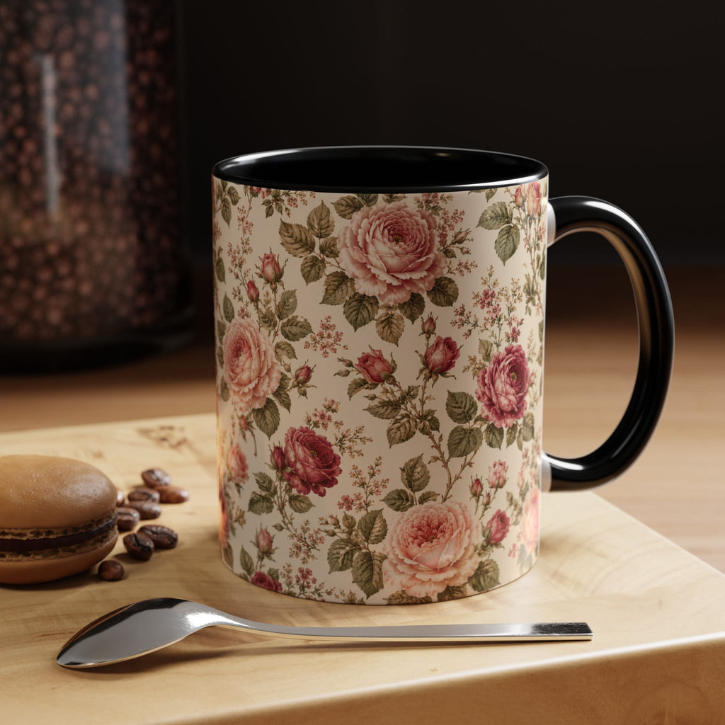 Vintage Rose Accent Coffee Mug – Floral 11/15oz Ceramic Cup