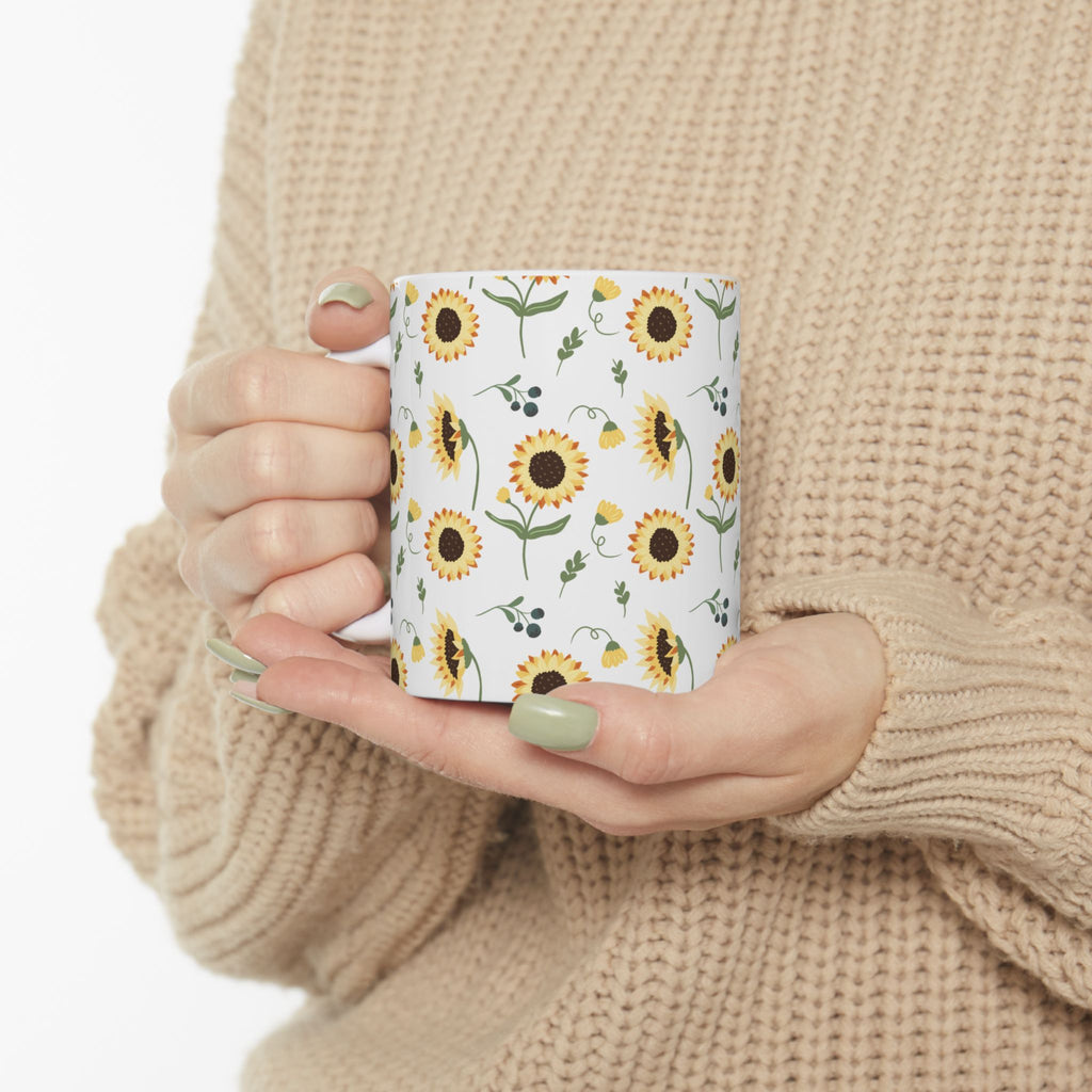 Sunflower Pattern Ceramic Mug — Floral Coffee Tea Cup (11oz, 15oz)