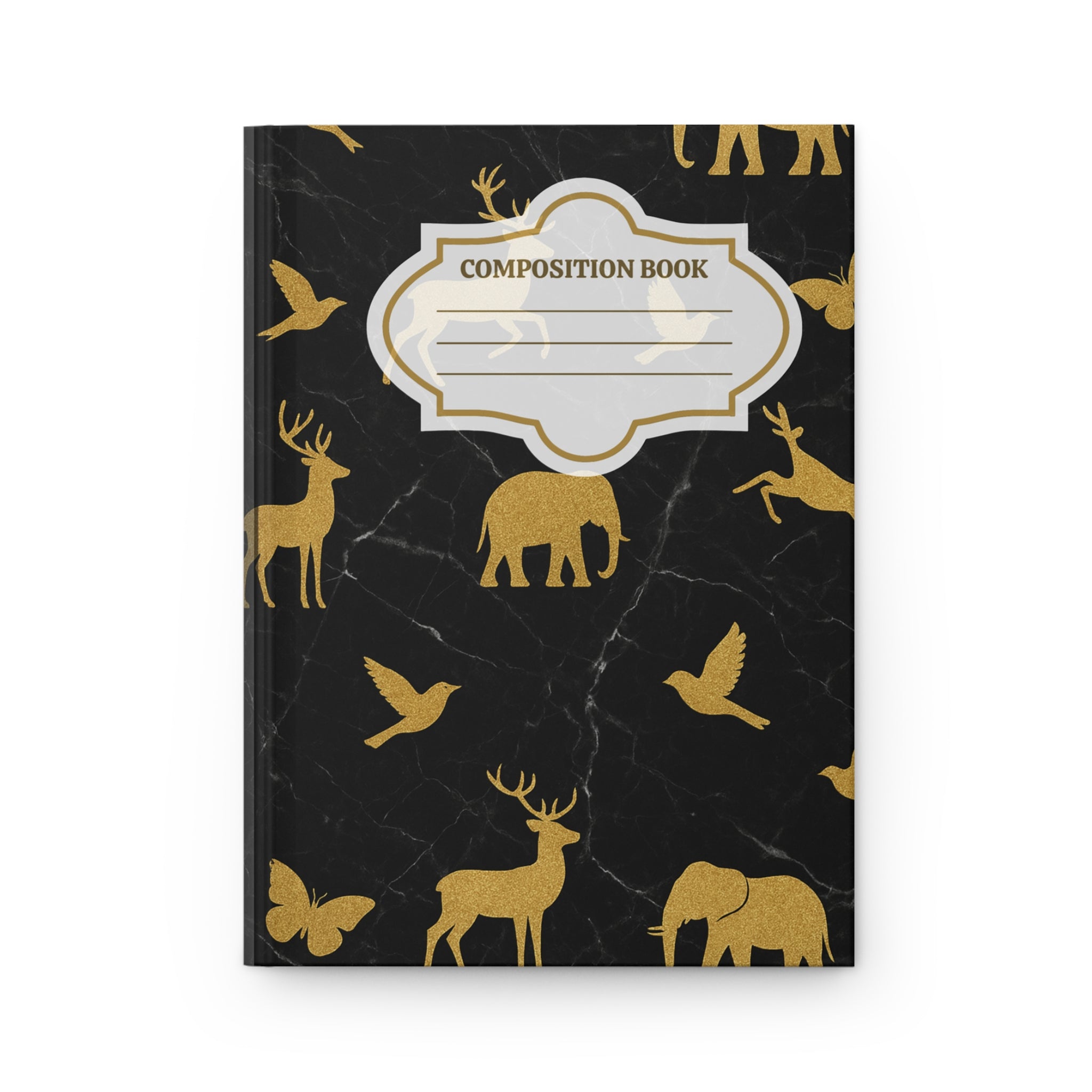 Hardcover Journal — Gold Animal Silhouettes on Black Marble Composition Book