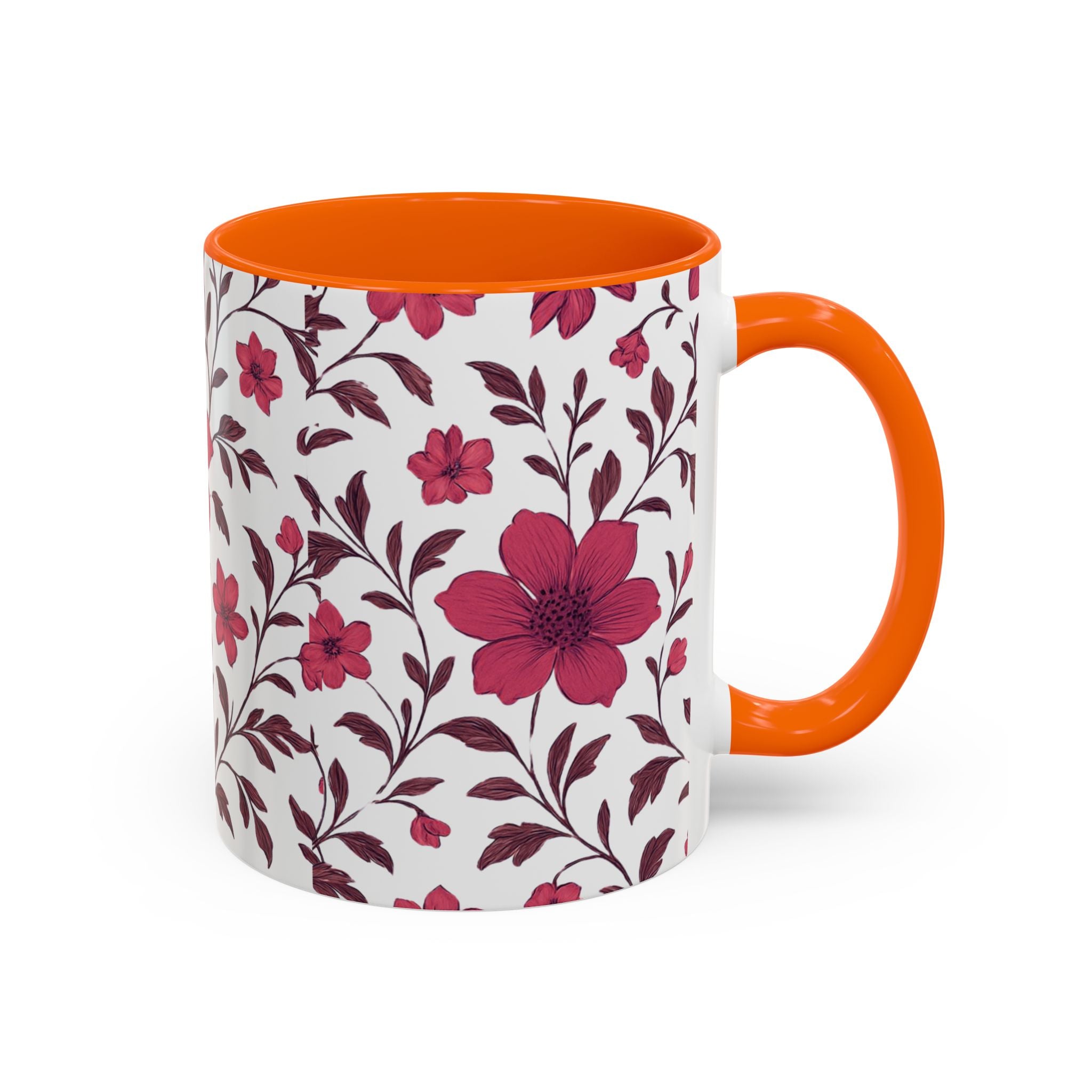 Floral Burgundy Accent Coffee Mug — Pink Blossom Pattern, 11/15oz