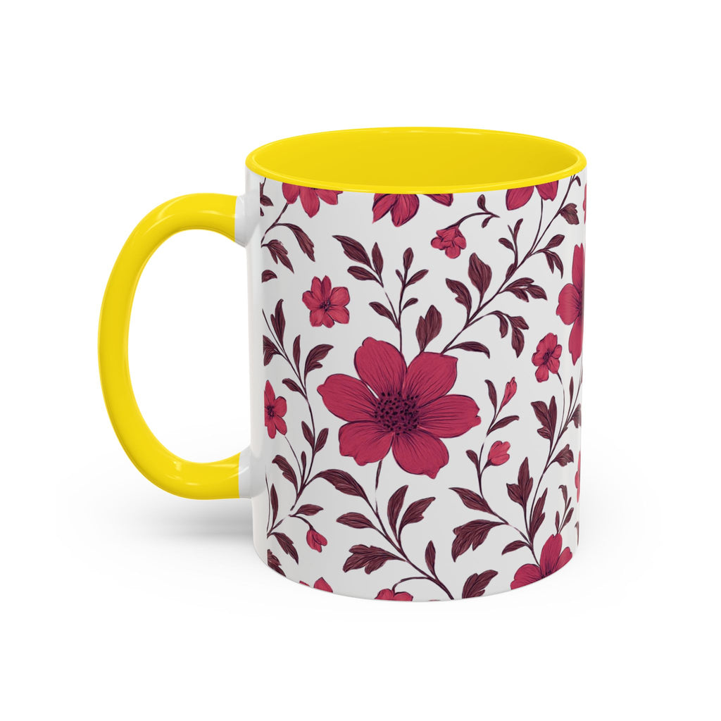 Floral Burgundy Accent Coffee Mug — Pink Blossom Pattern, 11/15oz