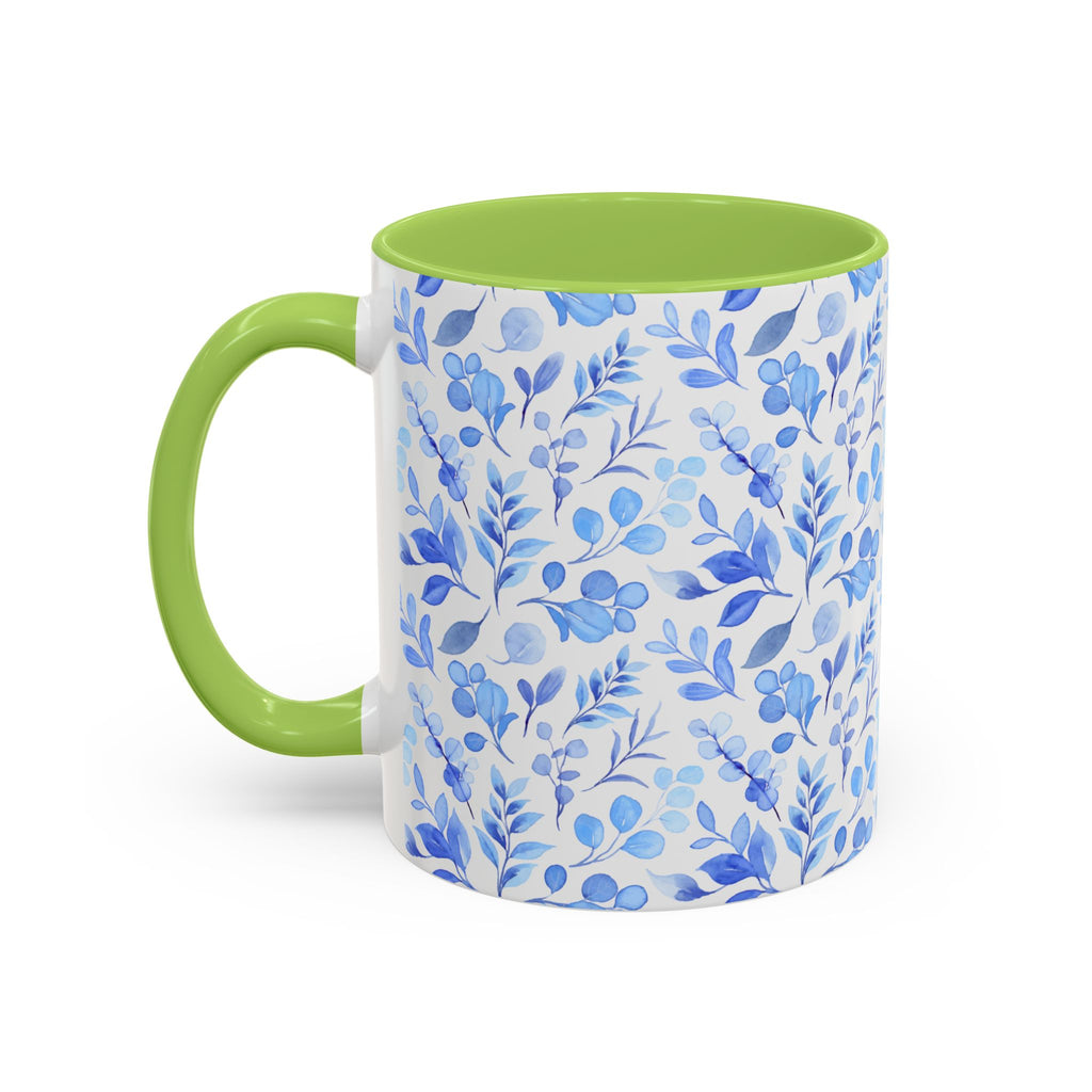 Blue Watercolor Floral Coffee Mug — Accent Handle & Interior