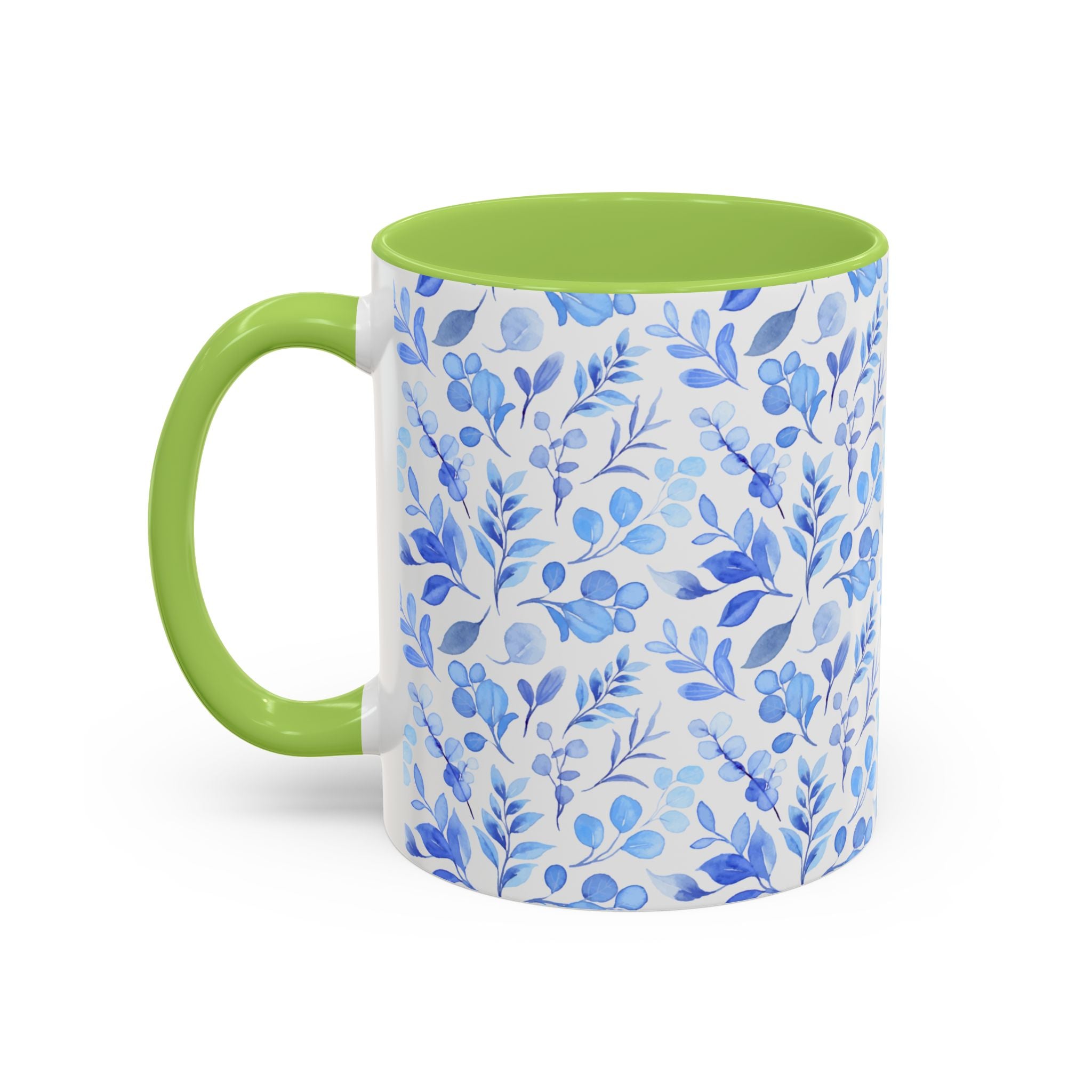 Blue Watercolor Floral Coffee Mug — Accent Handle & Interior