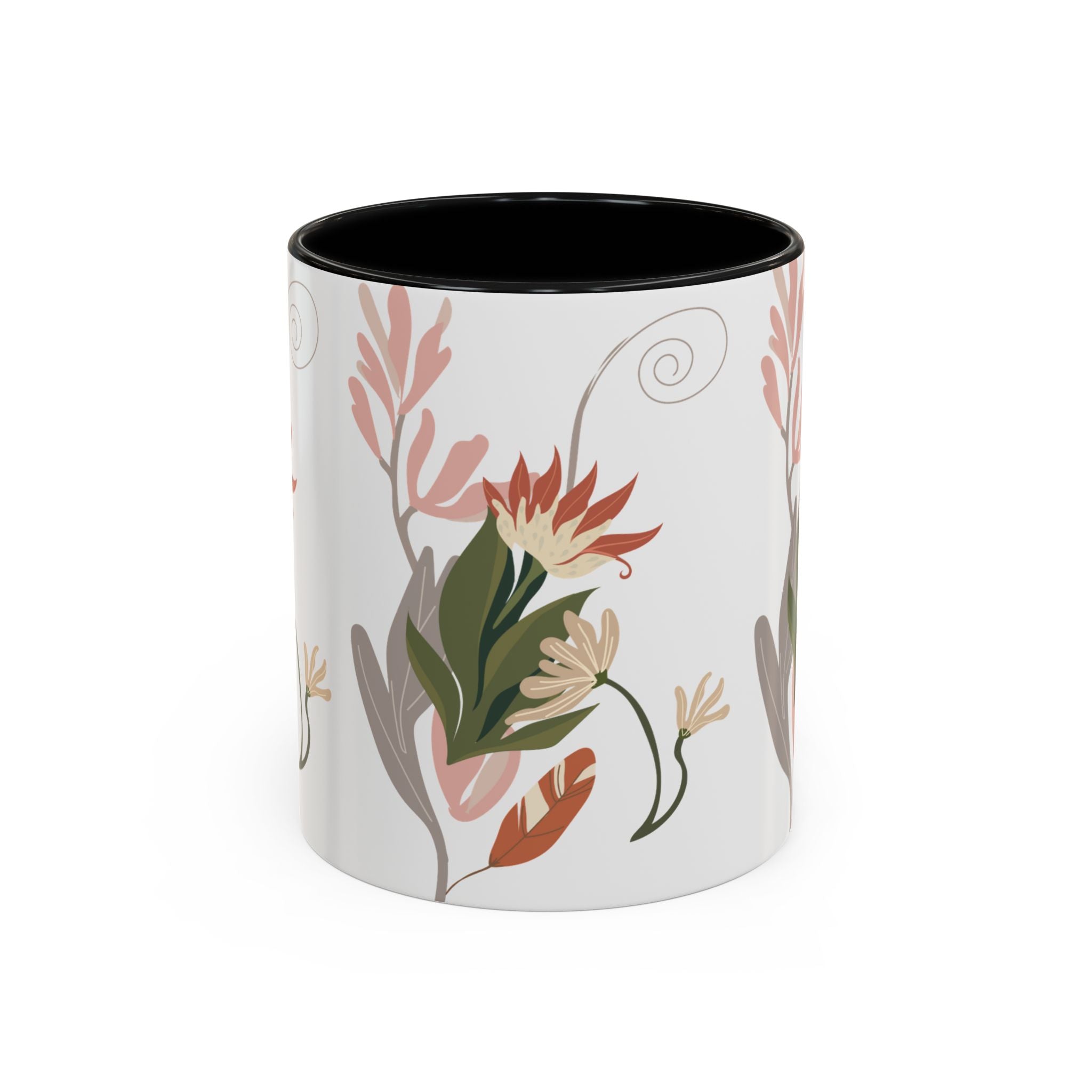 Floral Accent Coffee Mug – Botanical Pink & Green Pattern (11/15oz)