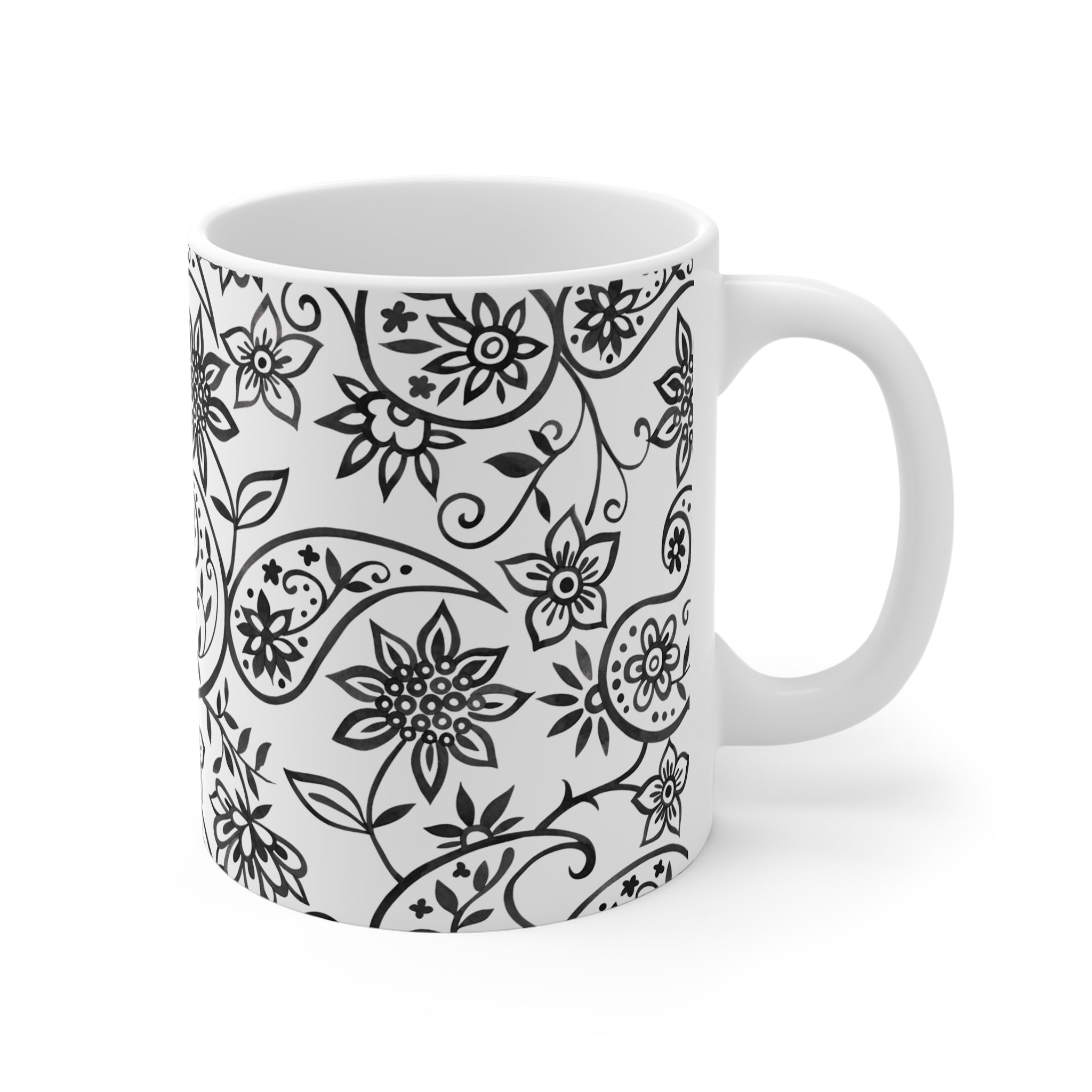 Black Paisley Floral 11oz Mug – Elegant Monochrome Tea & Coffee Cup
