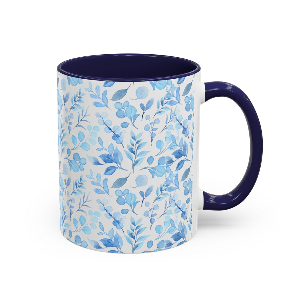 Blue Watercolor Floral Coffee Mug — Accent Handle & Interior
