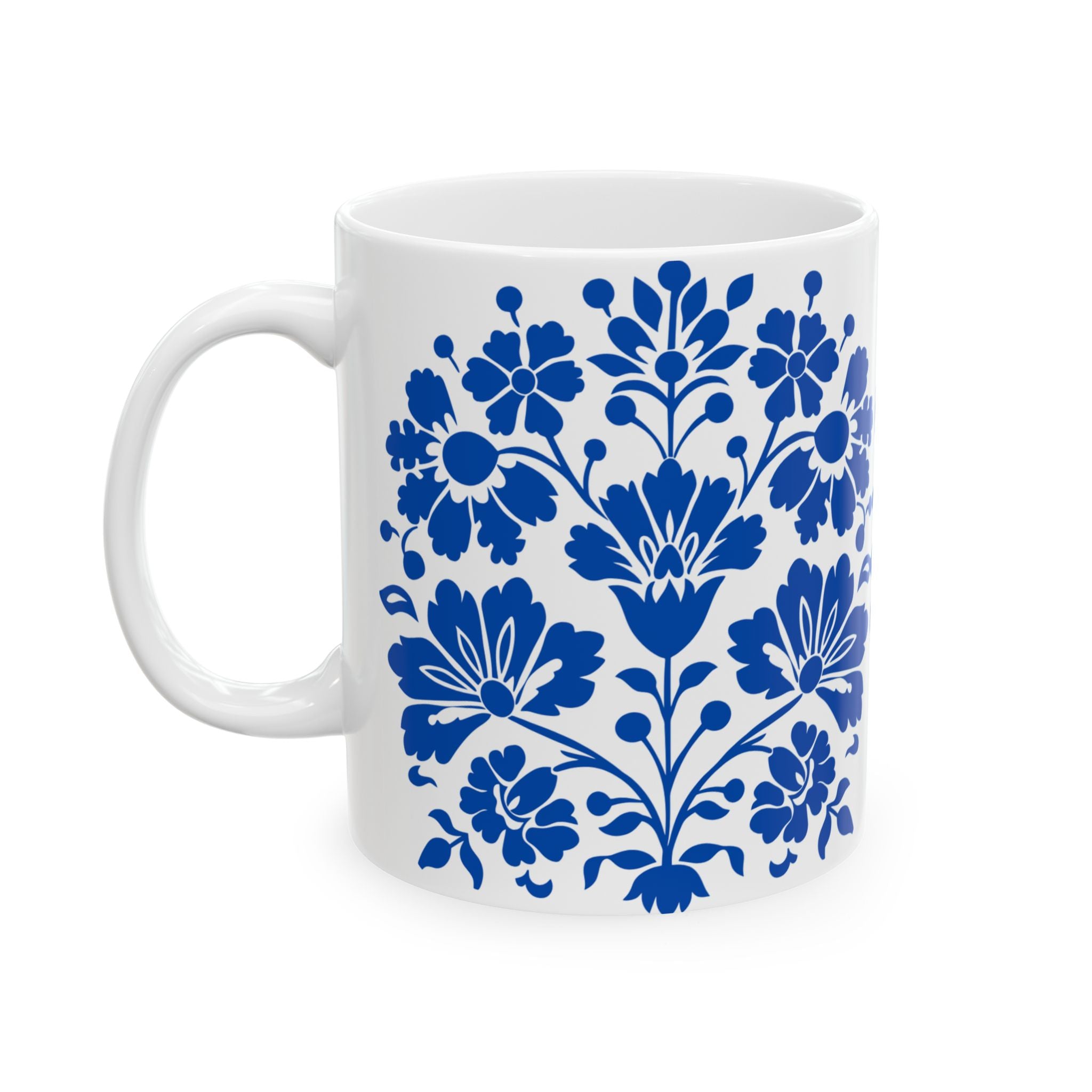 Blue Floral Ceramic Mug — Classic Delft-Style 11oz & 15oz Coffee Cup