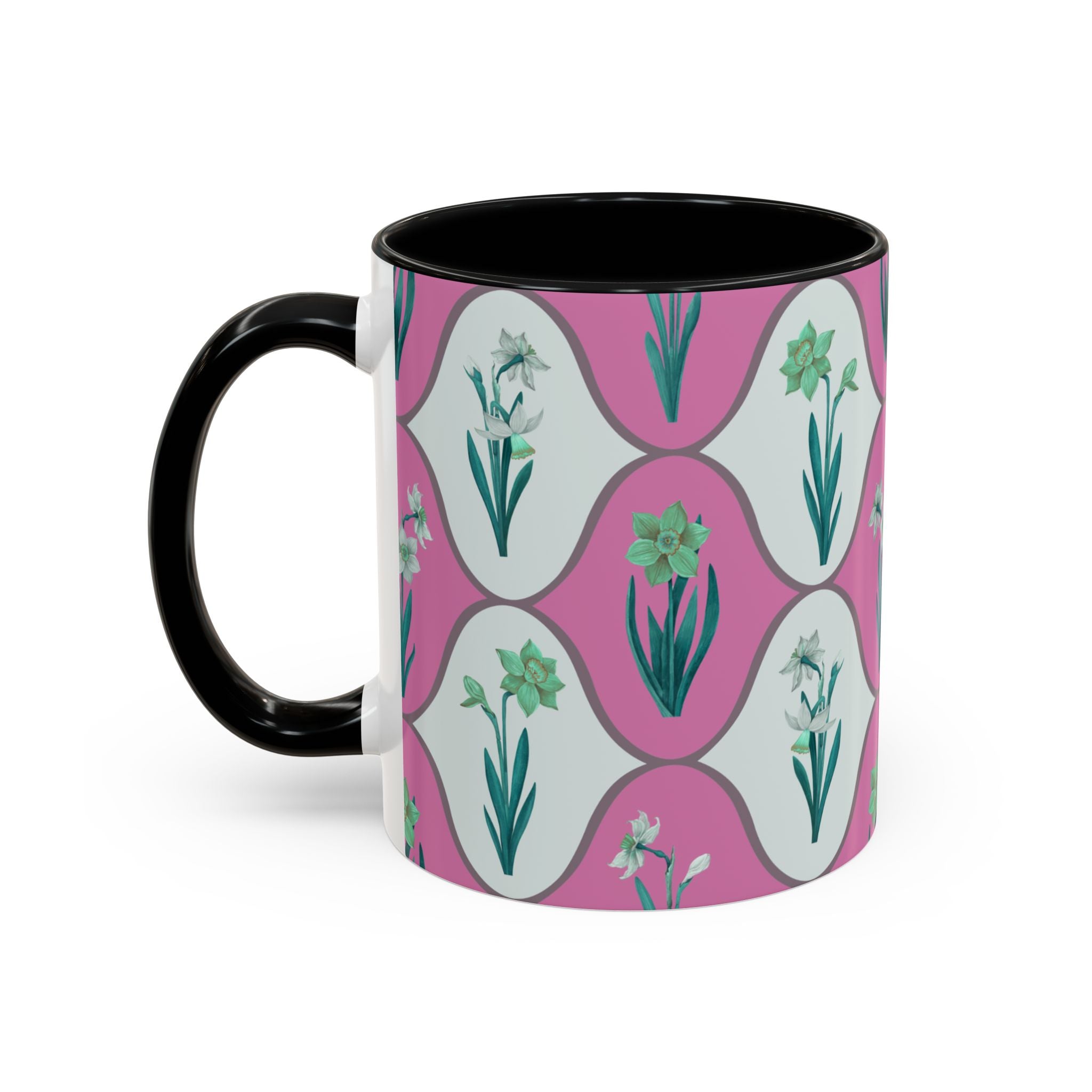 Floral Wave Accent Coffee Mug – Pink Retro Daffodil Pattern (11/15oz)
