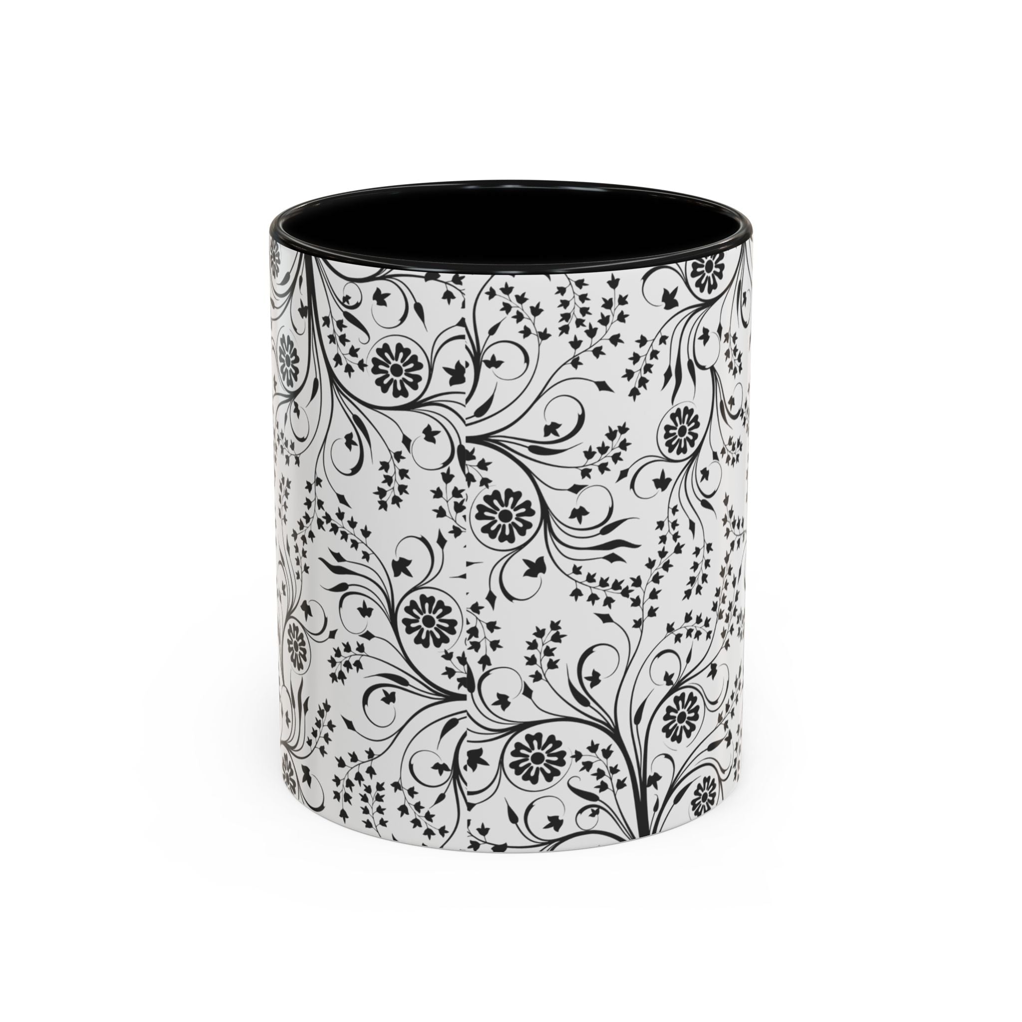 Black Floral Accent Coffee Mug — Elegant Swirl Pattern (11/15oz)