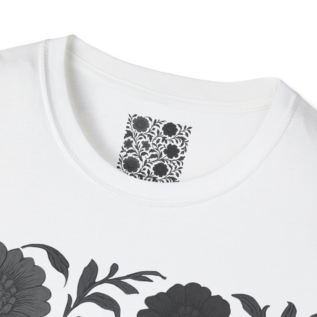 Floral Vintage Tile T‑Shirt — Black & White Botanical Pattern
