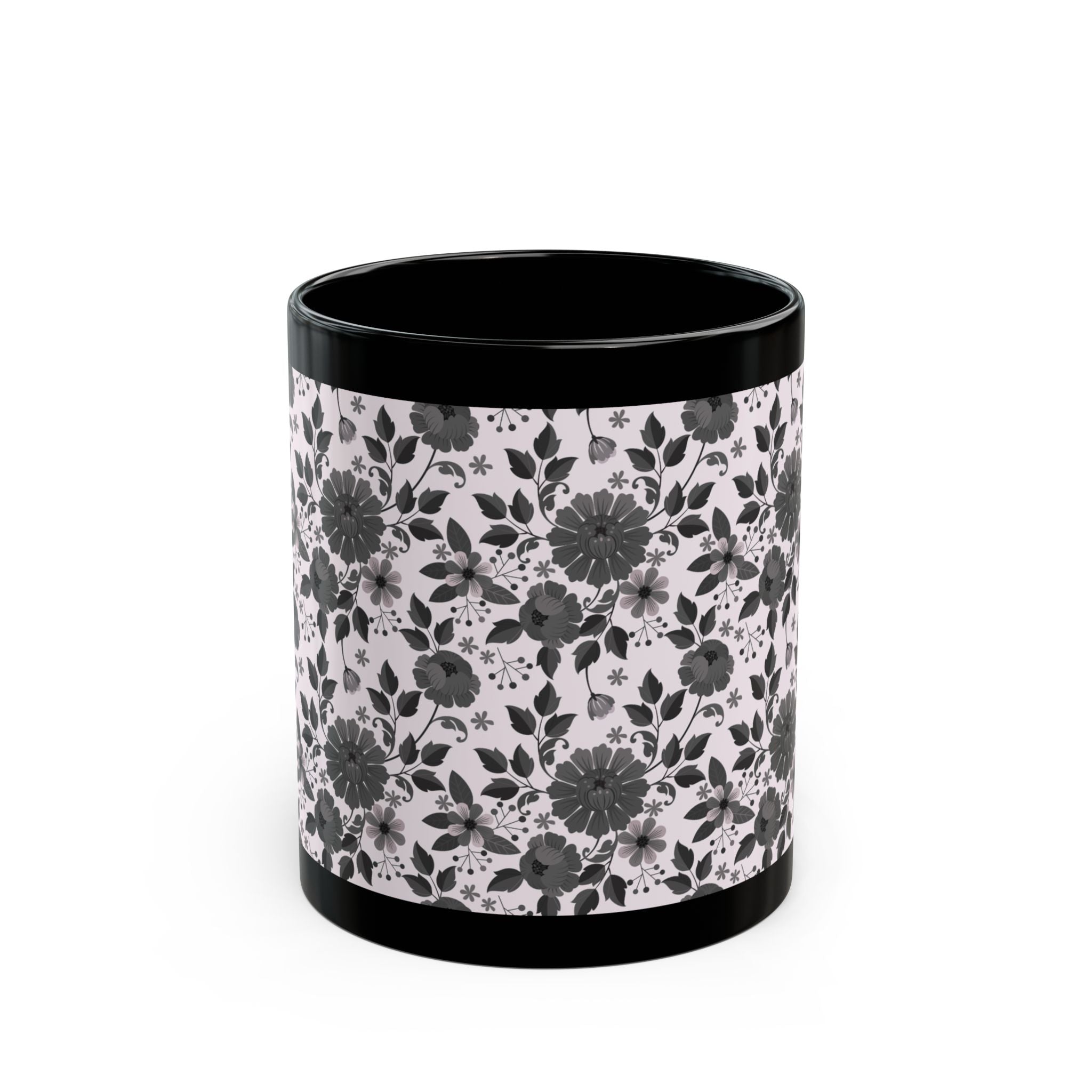 Black Floral Pattern Mug – Monochrome Rose Coffee Cup (11oz/15oz)